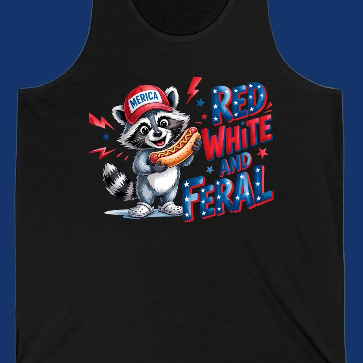 A cartoon raccoon wearing a 'MERICA' hat and holding a hot dog, next to text 'RED WHITE AND FERAL'. This is a raccoon-red-white-feral design.