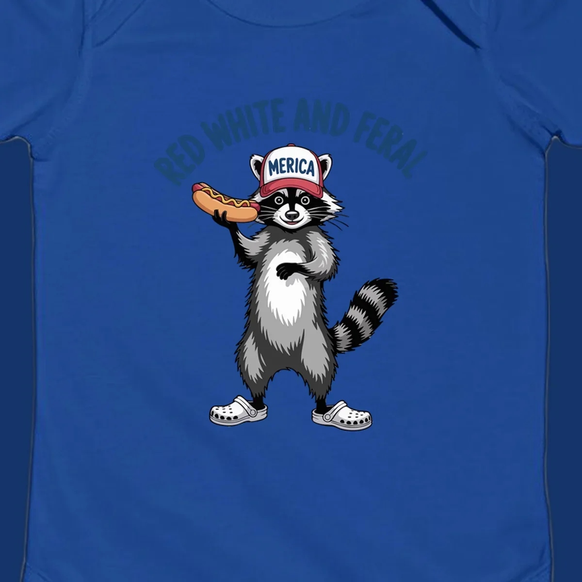 A patriotic raccoon in a MERICA hat and Crocs holds a hot dog, with 'RED WHITE AND FERAL' text. Features the red-white-feral-raccoon concept.