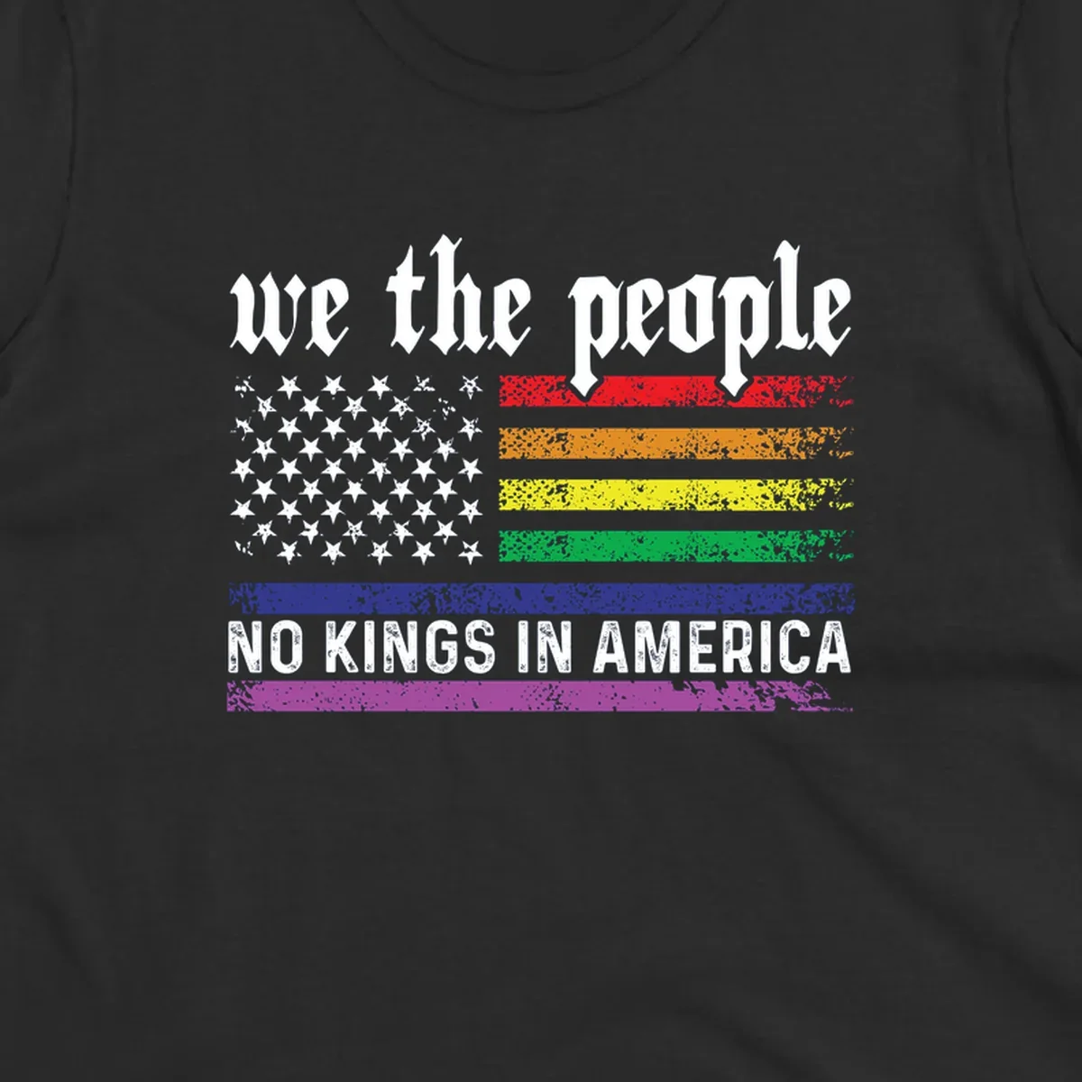 A distressed American flag with rainbow stripes and white stars, featuring 'we the people' and 'NO KINGS IN AMERICA' text.
