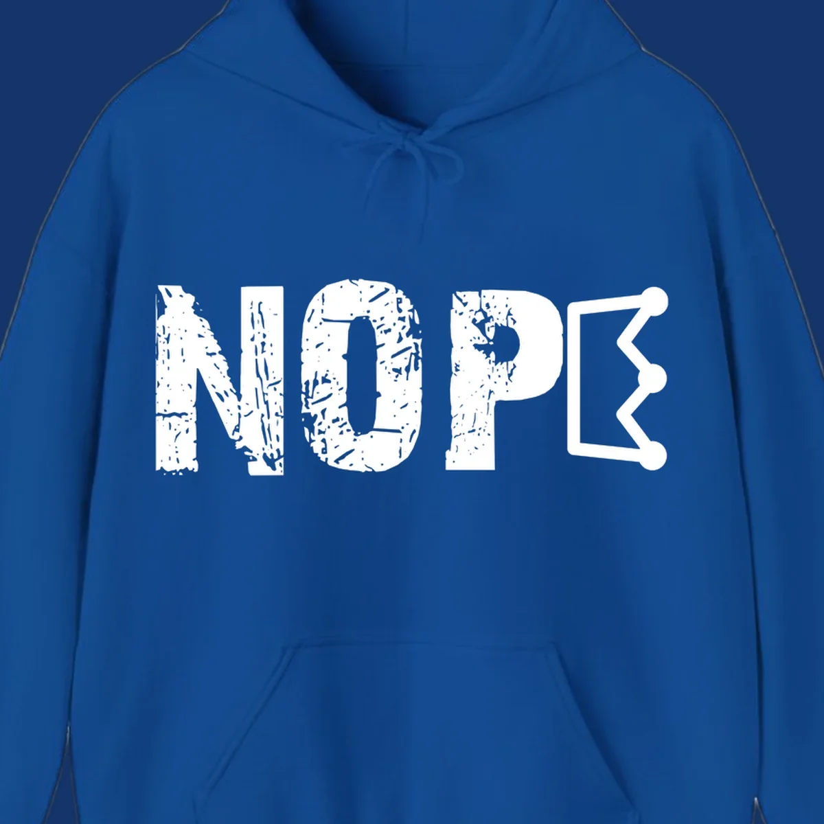 A distressed 'NOPE' text design where the 'E' is a crown outline, clean on all garment colors.