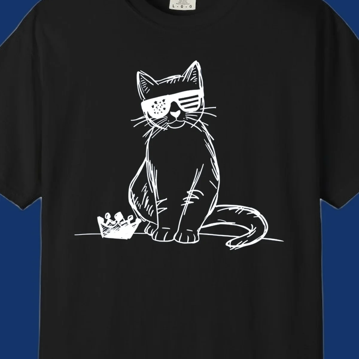 A white sketch of a cat wearing star-spangled sunglasses, sitting next to a small crown, representing patriotic-cat-sunglasses.