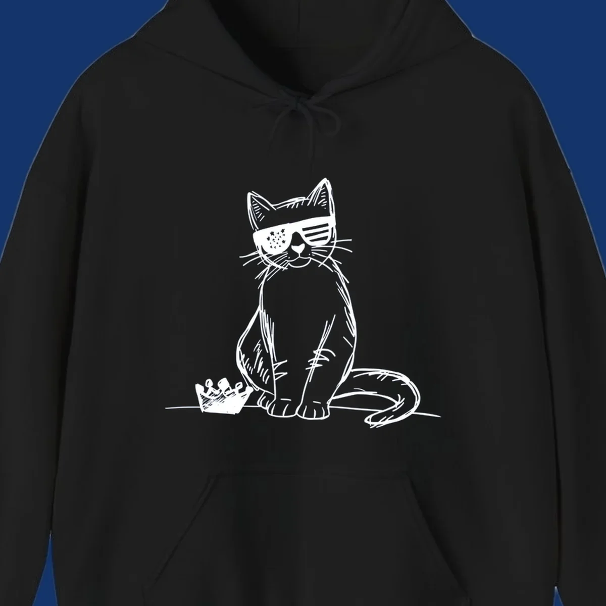 A white sketch of a cat wearing star-spangled sunglasses, sitting next to a small crown, representing patriotic-cat-sunglasses.