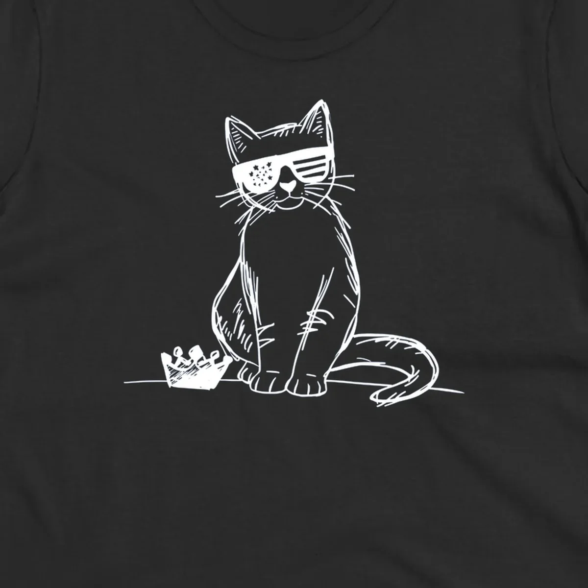 A white sketch of a cat wearing star-spangled sunglasses, sitting next to a small crown, representing patriotic-cat-sunglasses.