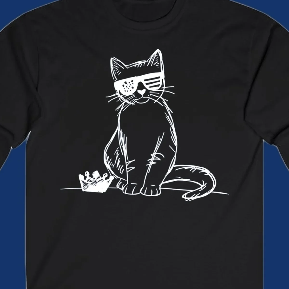 A white sketch of a cat wearing star-spangled sunglasses, sitting next to a small crown, representing patriotic-cat-sunglasses.