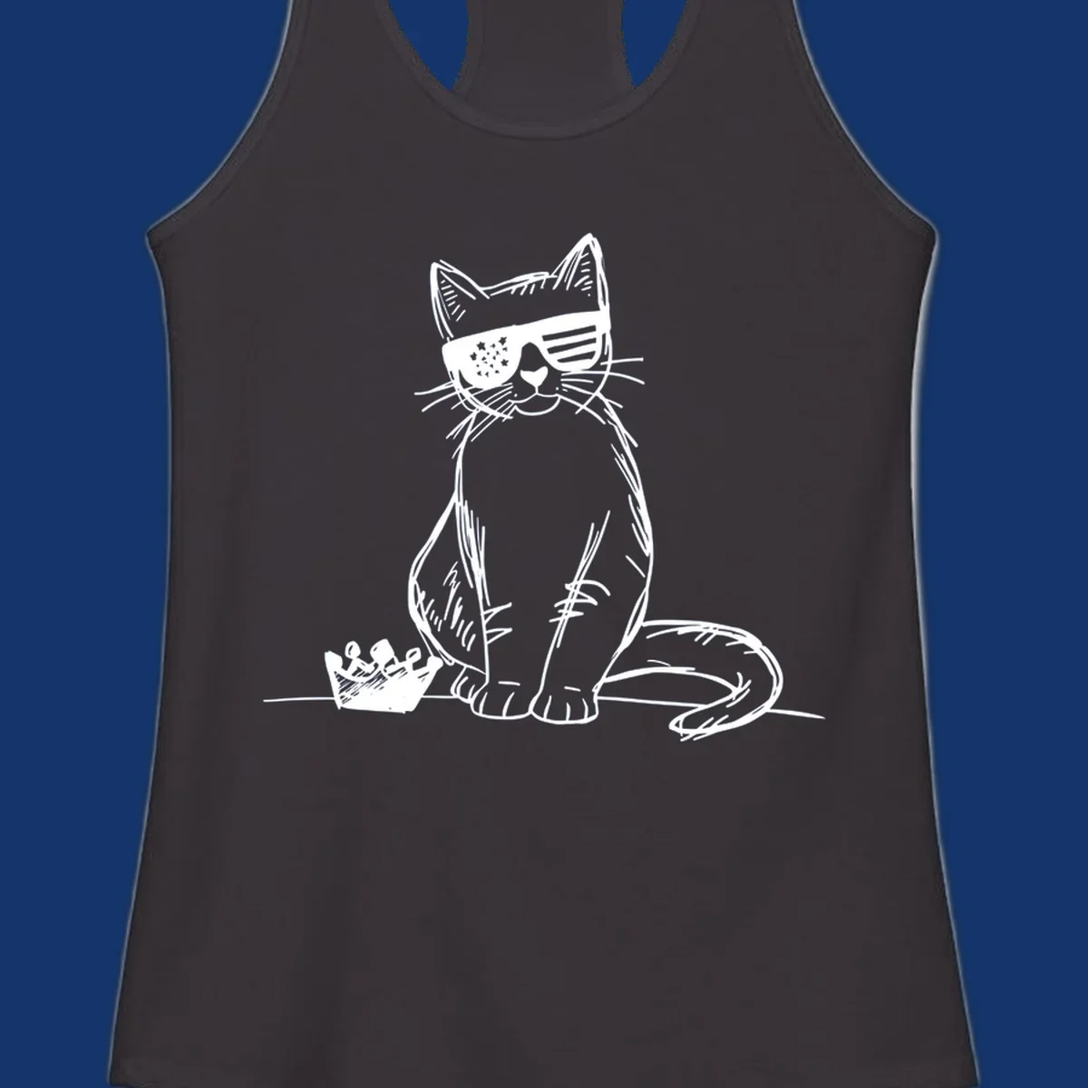 A white sketch of a cat wearing star-spangled sunglasses, sitting next to a small crown, representing patriotic-cat-sunglasses.