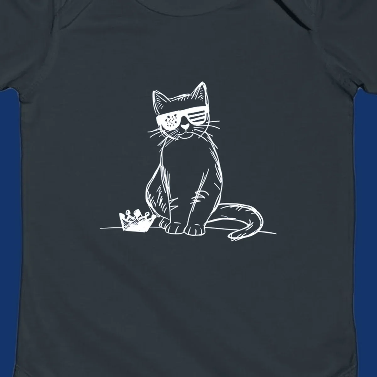 A white sketch of a cat wearing star-spangled sunglasses, sitting next to a small crown, representing patriotic-cat-sunglasses.