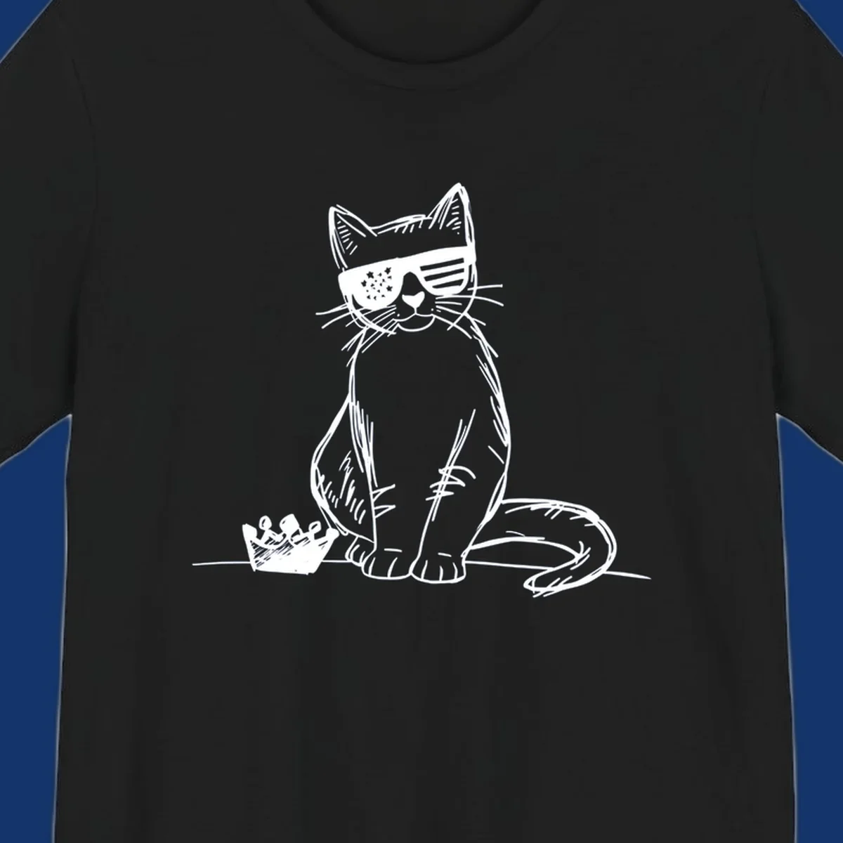 A white sketch of a cat wearing star-spangled sunglasses, sitting next to a small crown, representing patriotic-cat-sunglasses.