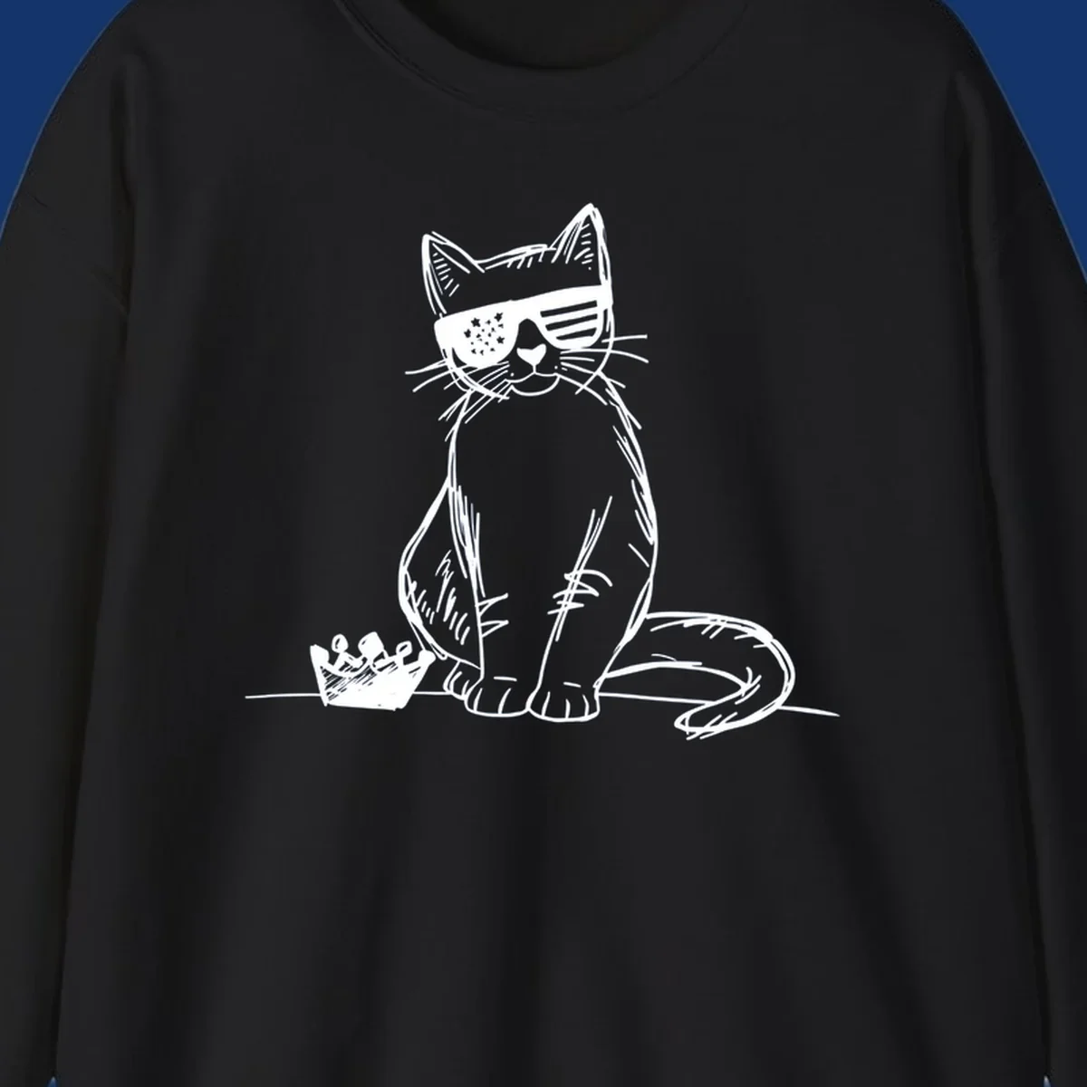 A white sketch of a cat wearing star-spangled sunglasses, sitting next to a small crown, representing patriotic-cat-sunglasses.