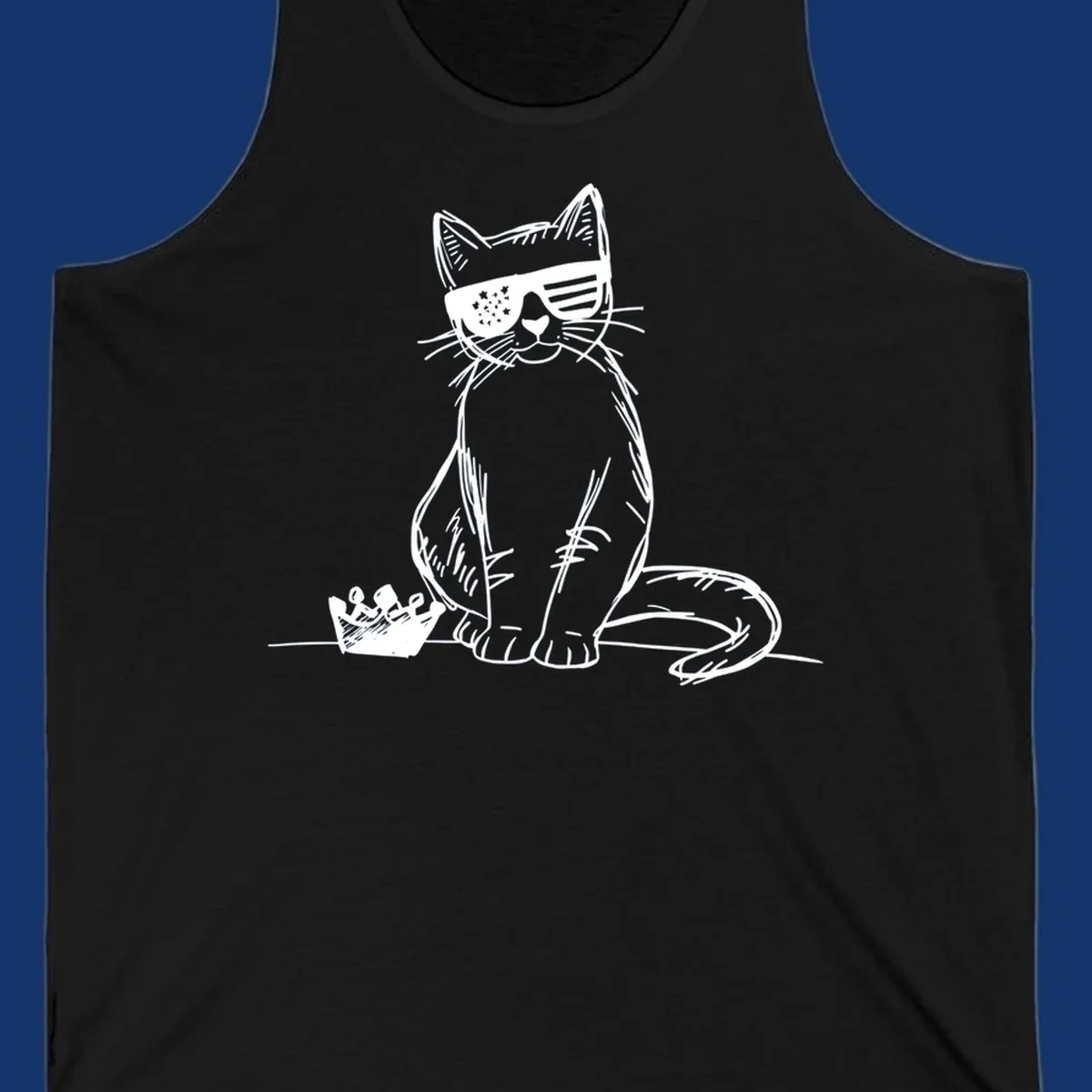 A white sketch of a cat wearing star-spangled sunglasses, sitting next to a small crown, representing patriotic-cat-sunglasses.