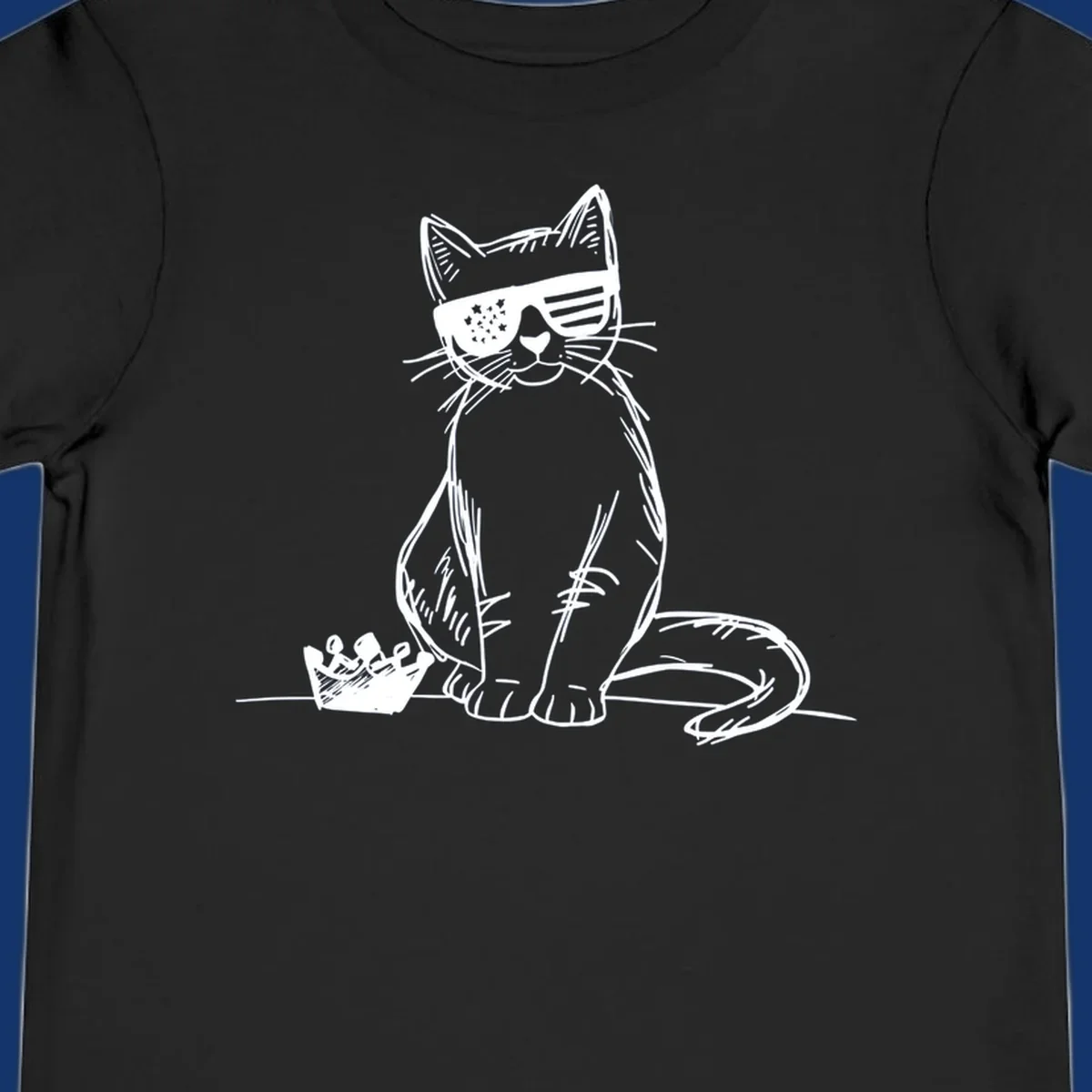 A white sketch of a cat wearing star-spangled sunglasses, sitting next to a small crown, representing patriotic-cat-sunglasses.