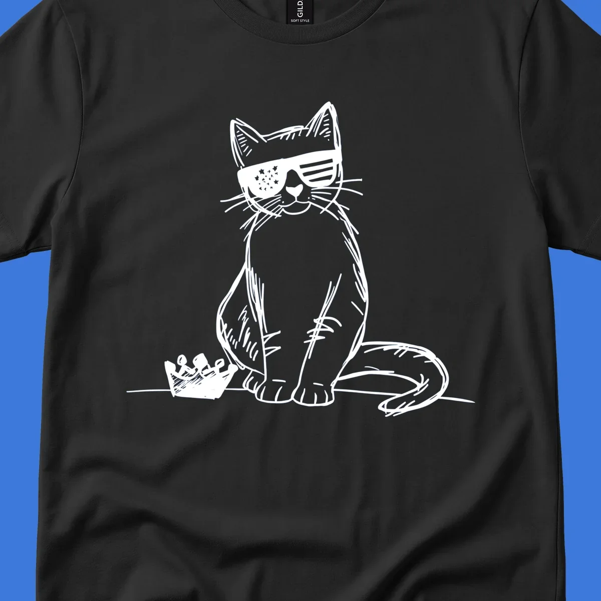 A white sketch of a cat wearing star-spangled sunglasses, sitting next to a small crown, representing patriotic-cat-sunglasses.
