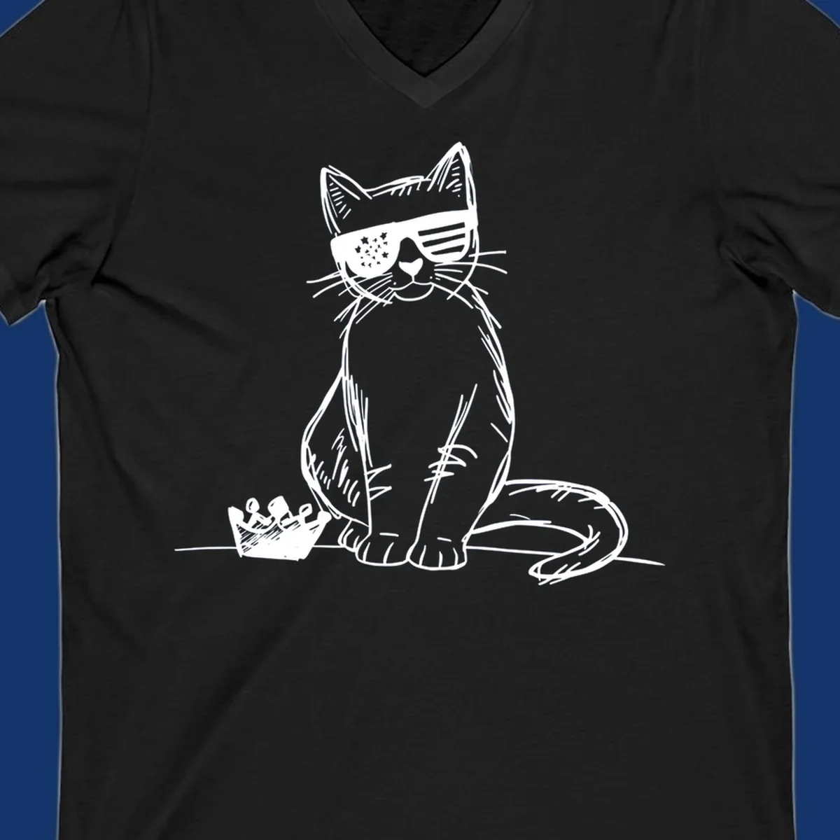 A white sketch of a cat wearing star-spangled sunglasses, sitting next to a small crown, representing patriotic-cat-sunglasses.