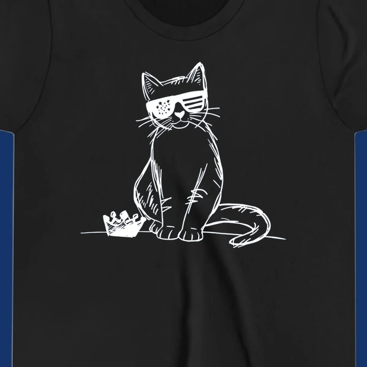 A white sketch of a cat wearing star-spangled sunglasses, sitting next to a small crown, representing patriotic-cat-sunglasses.