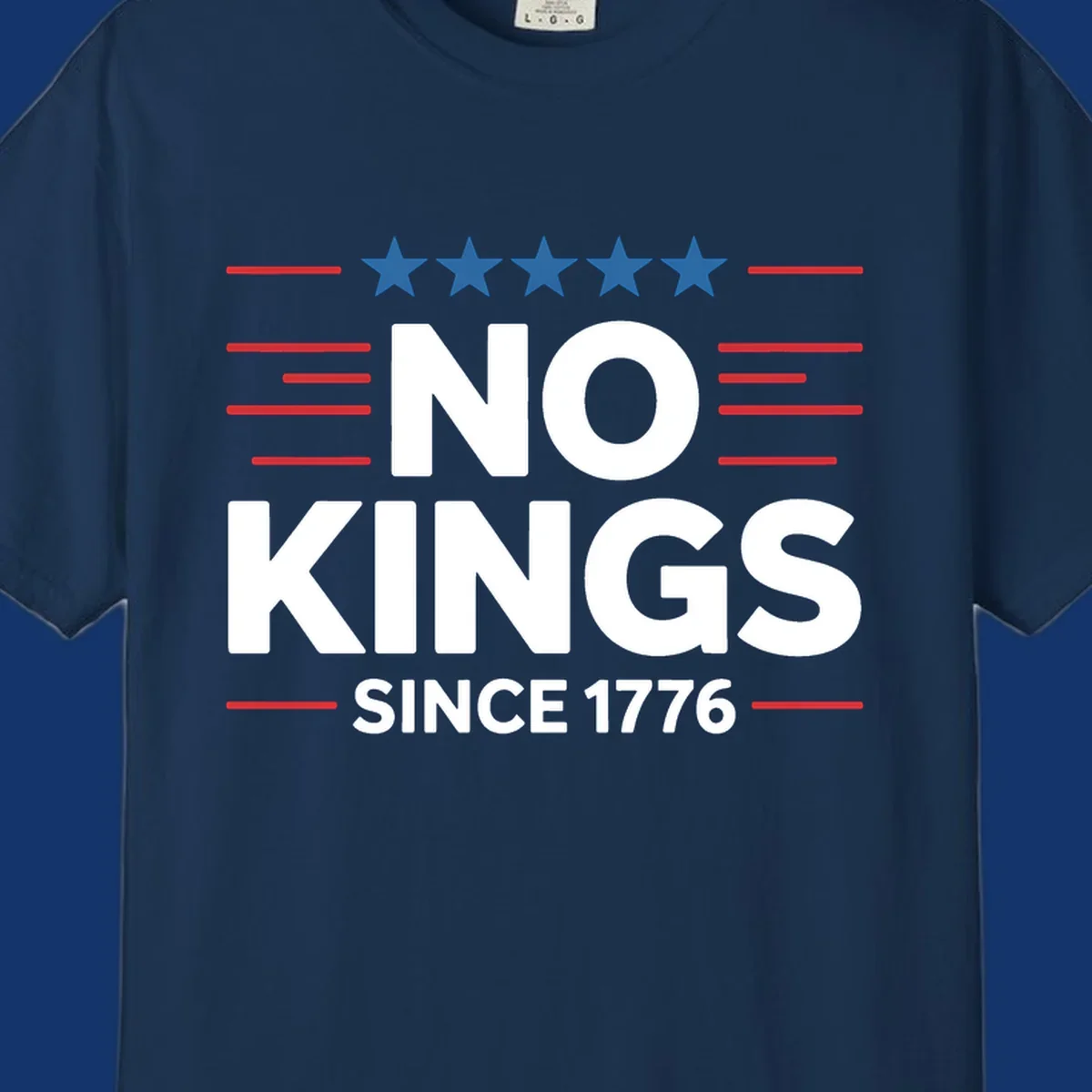 A patriotic design featuring white text 'NO KINGS SINCE 1776' framed by red stripes and five blue stars, representing no-kings-since-1776.