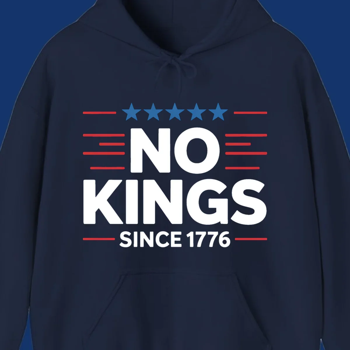 A patriotic design featuring white text 'NO KINGS SINCE 1776' framed by red stripes and five blue stars, representing no-kings-since-1776.