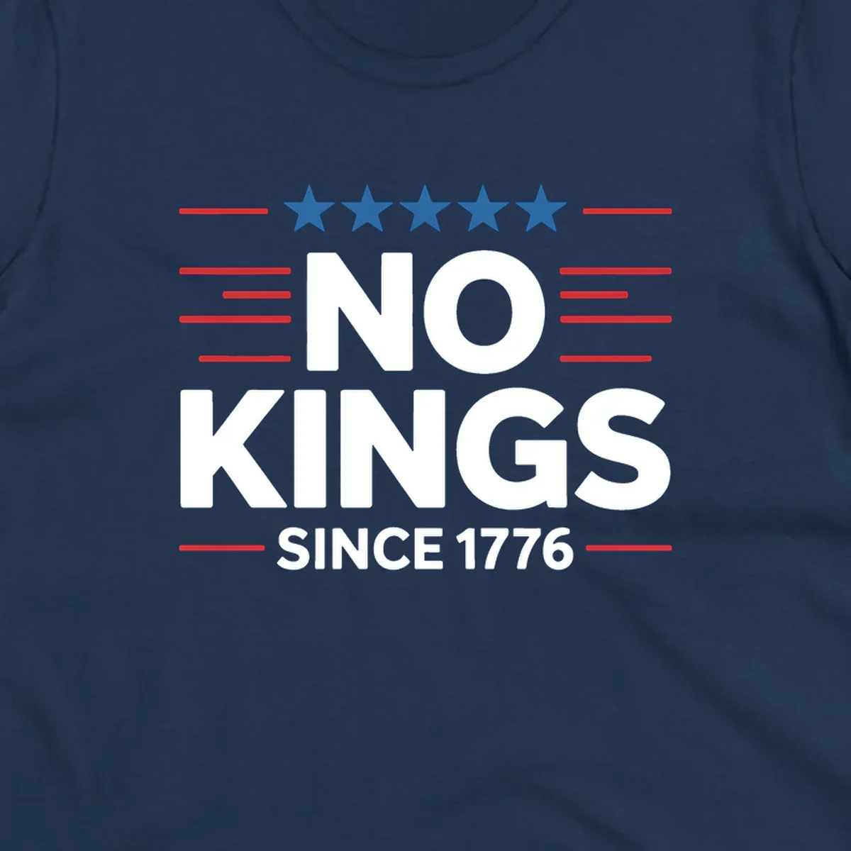 A patriotic design featuring white text 'NO KINGS SINCE 1776' framed by red stripes and five blue stars, representing no-kings-since-1776.