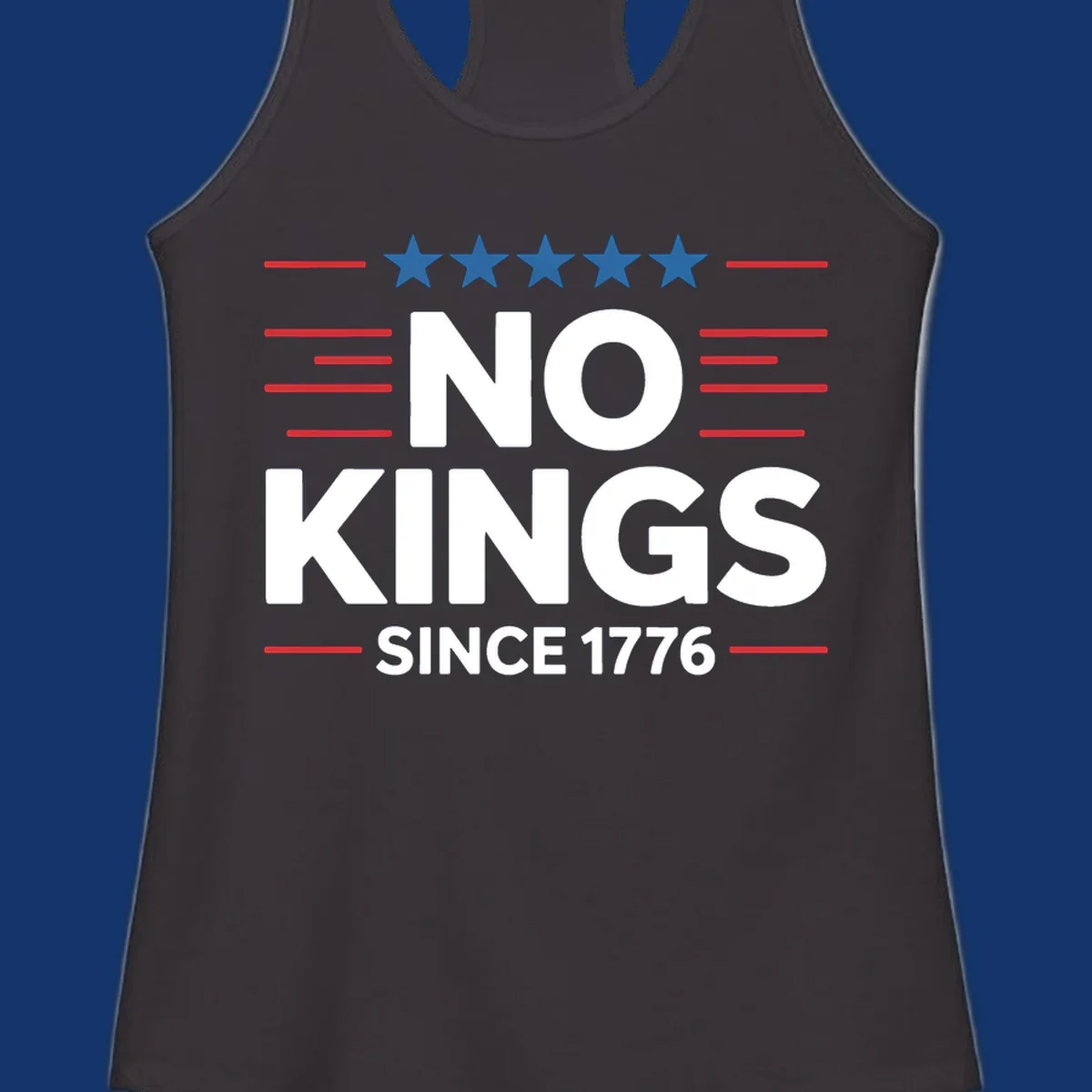 A patriotic design featuring white text 'NO KINGS SINCE 1776' framed by red stripes and five blue stars, representing no-kings-since-1776.