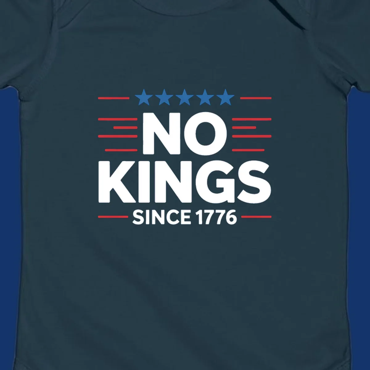 A patriotic design featuring white text 'NO KINGS SINCE 1776' framed by red stripes and five blue stars, representing no-kings-since-1776.
