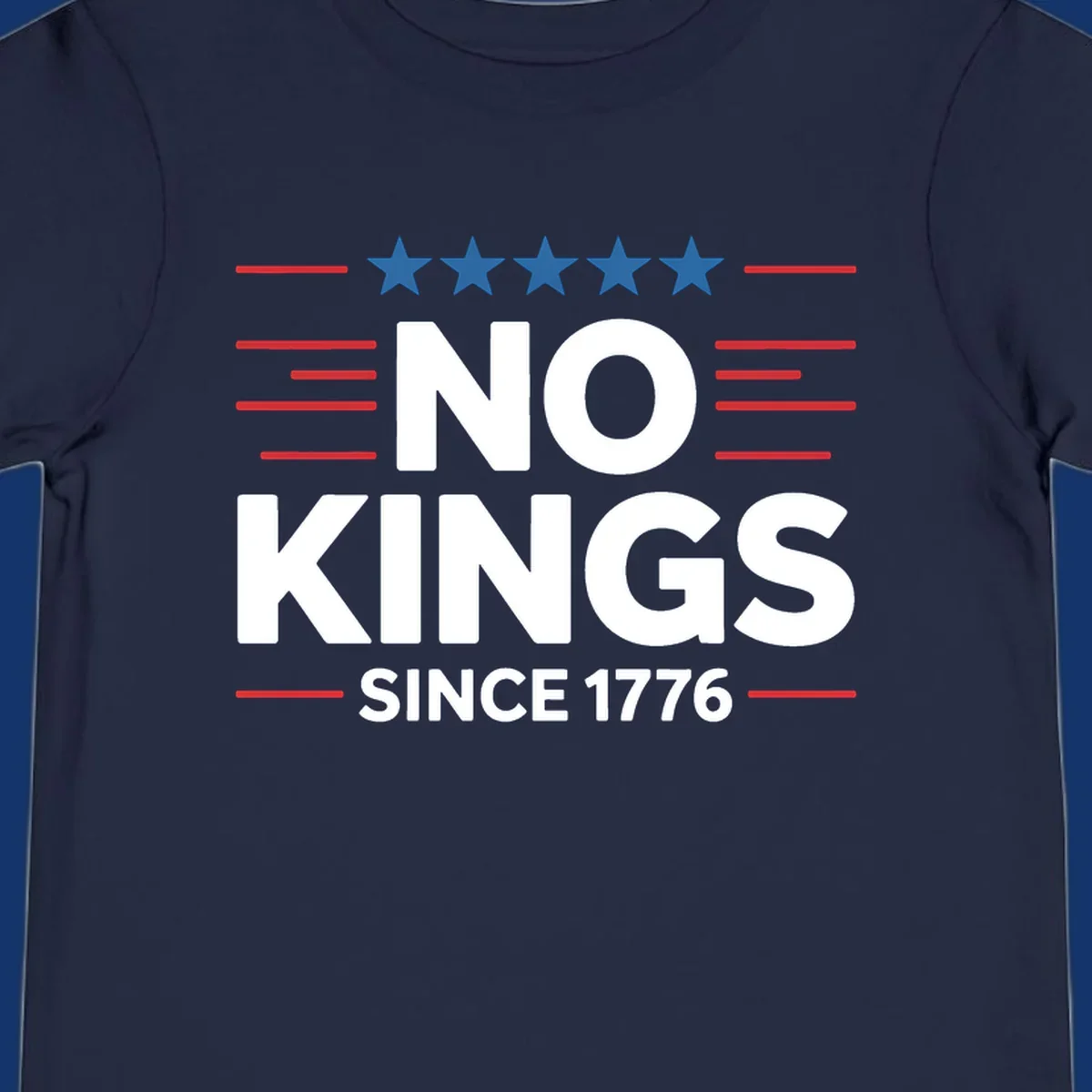 A patriotic design featuring white text 'NO KINGS SINCE 1776' framed by red stripes and five blue stars, representing no-kings-since-1776.
