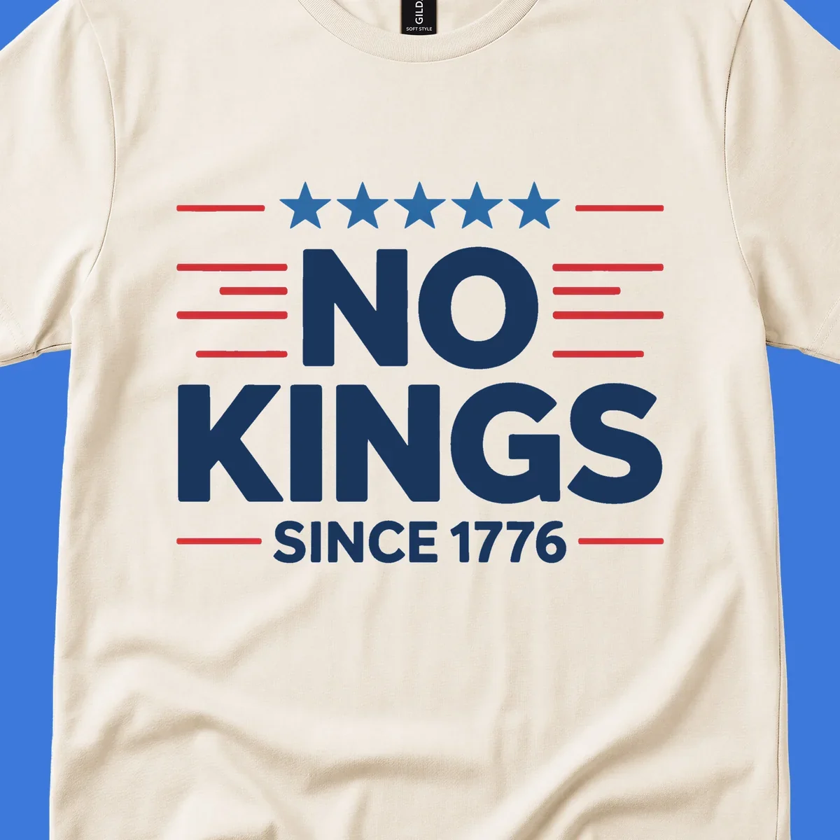 A patriotic design featuring white text 'NO KINGS SINCE 1776' framed by red stripes and five blue stars, representing no-kings-since-1776.