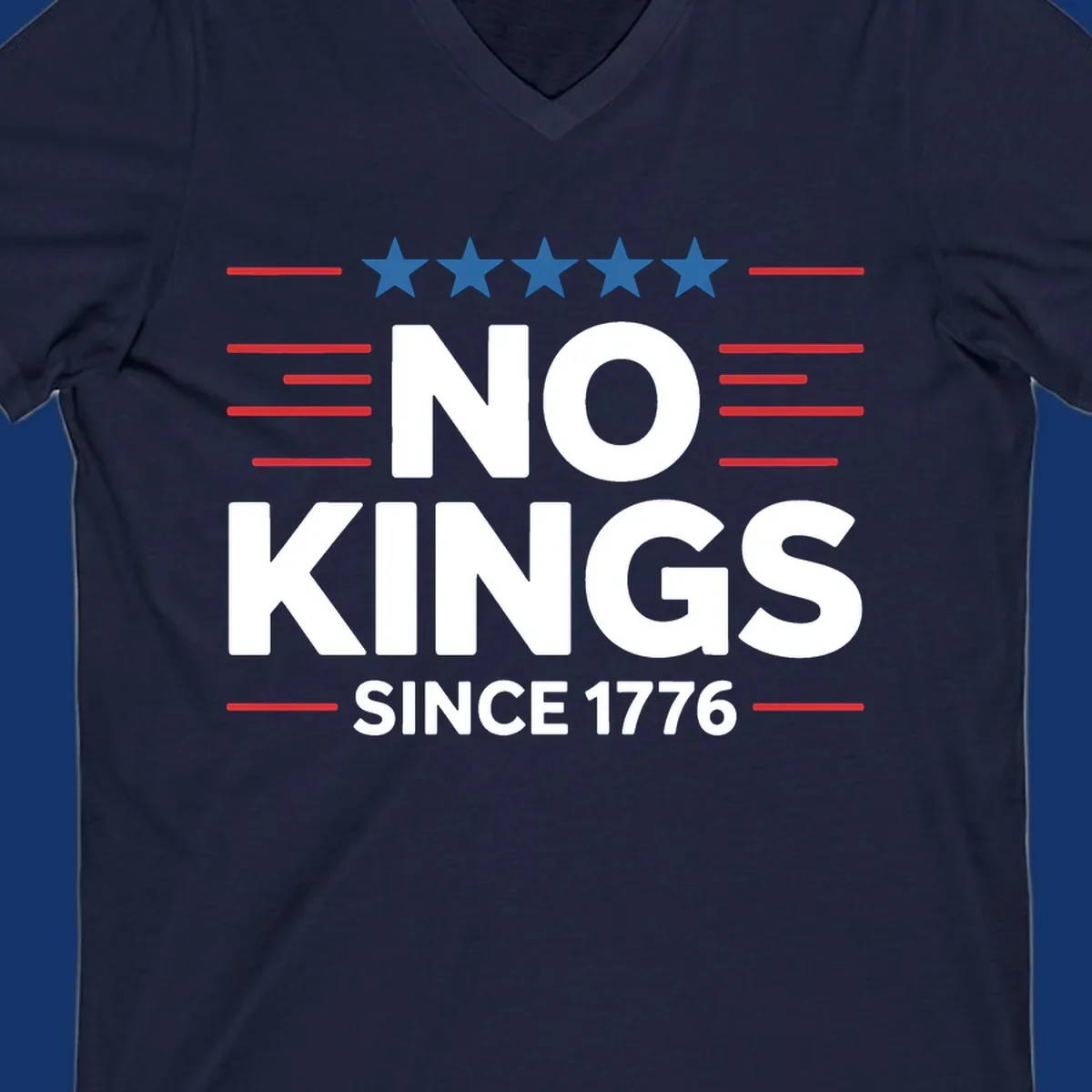 A patriotic design featuring white text 'NO KINGS SINCE 1776' framed by red stripes and five blue stars, representing no-kings-since-1776.