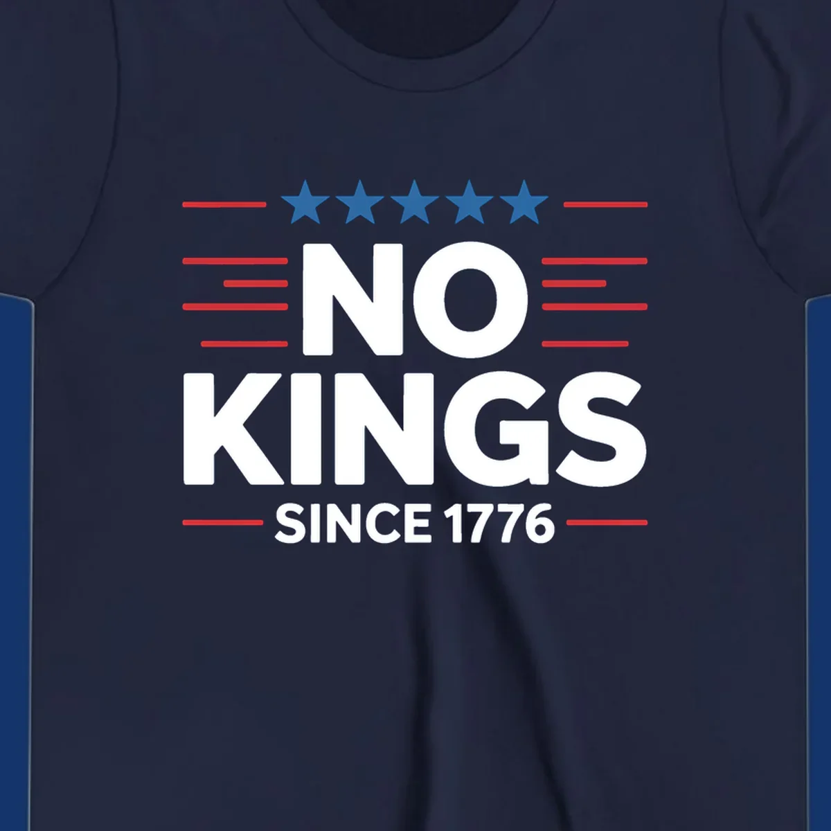 A patriotic design featuring white text 'NO KINGS SINCE 1776' framed by red stripes and five blue stars, representing no-kings-since-1776.