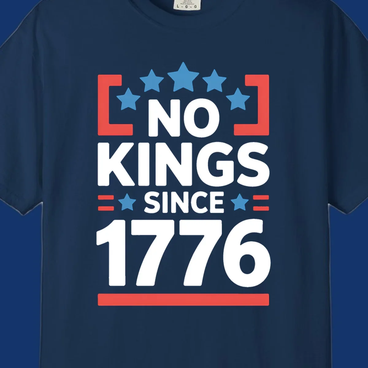 Patriotic 'no kings since 1776' design with blue stars and red brackets, perfect for America 250th anniversary celebrations.