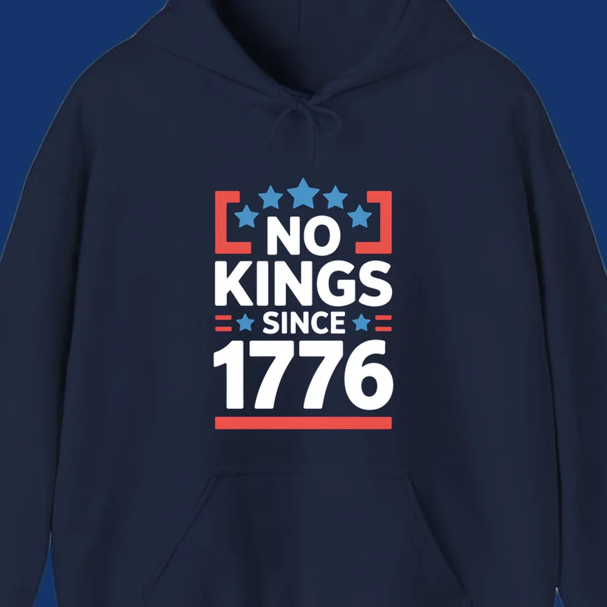 Patriotic 'no kings since 1776' design with blue stars and red brackets, perfect for America 250th anniversary celebrations.