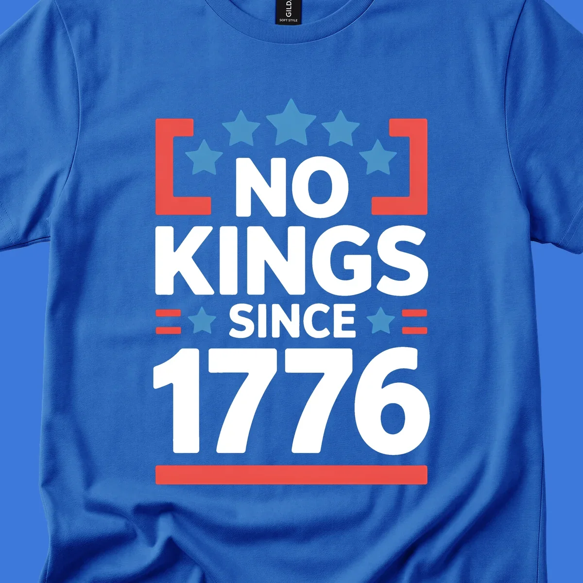 Patriotic 'no kings since 1776' design with blue stars and red brackets, perfect for America 250th anniversary celebrations.