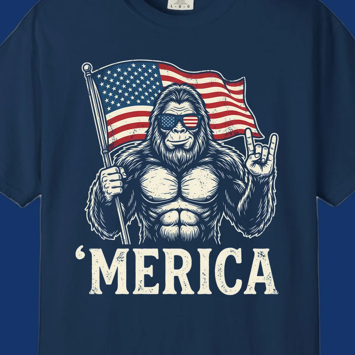 A muscular Bigfoot with American flag sunglasses holds a flag and makes a rock on sign, with "'MERICA" text, for a patriotic Bigfoot 'Merica tee.