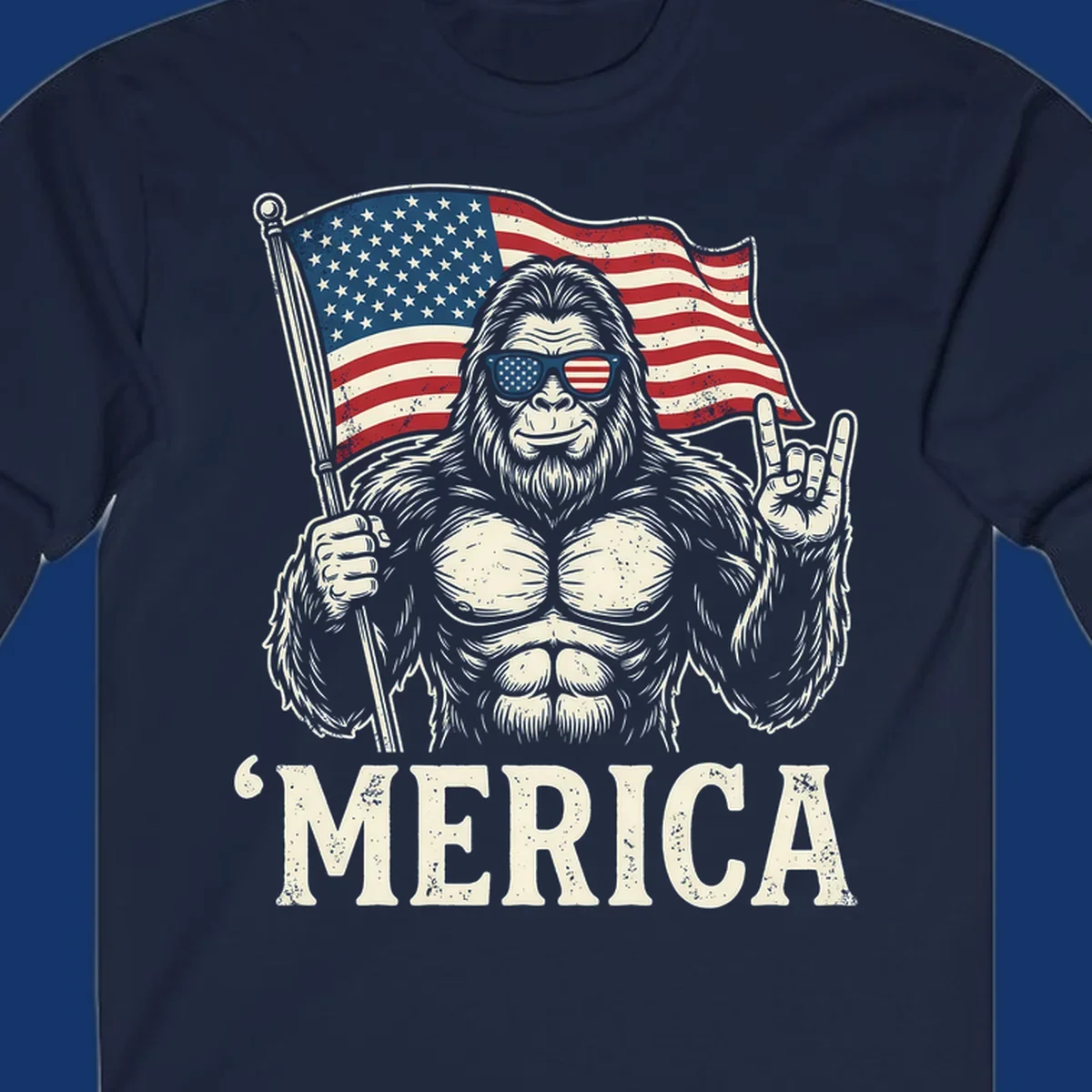 A muscular Bigfoot with American flag sunglasses holds a flag and makes a rock on sign, with "'MERICA" text, for a patriotic Bigfoot 'Merica tee.