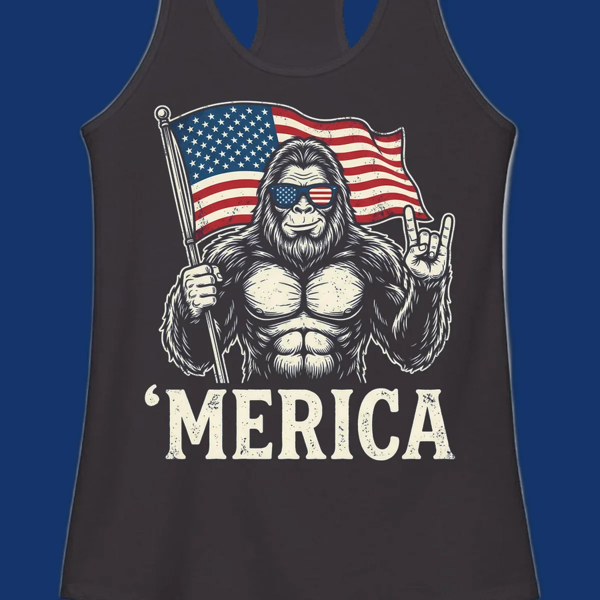 A muscular Bigfoot with American flag sunglasses holds a flag and makes a rock on sign, with "'MERICA" text, for a patriotic Bigfoot 'Merica tee.