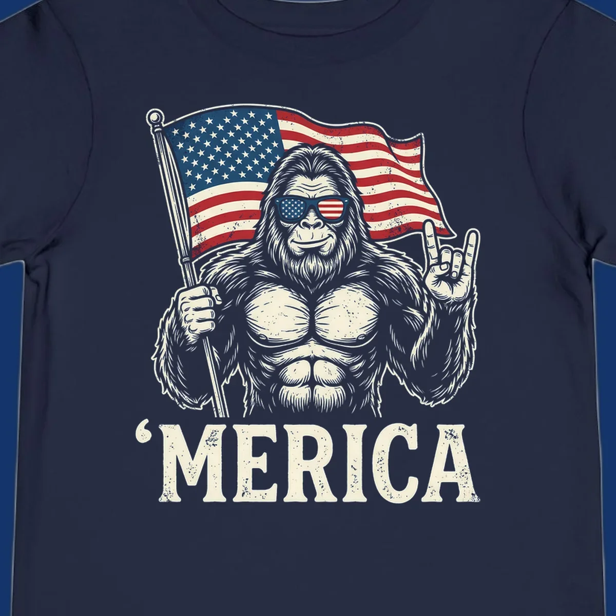 A muscular Bigfoot with American flag sunglasses holds a flag and makes a rock on sign, with "'MERICA" text, for a patriotic Bigfoot 'Merica tee.