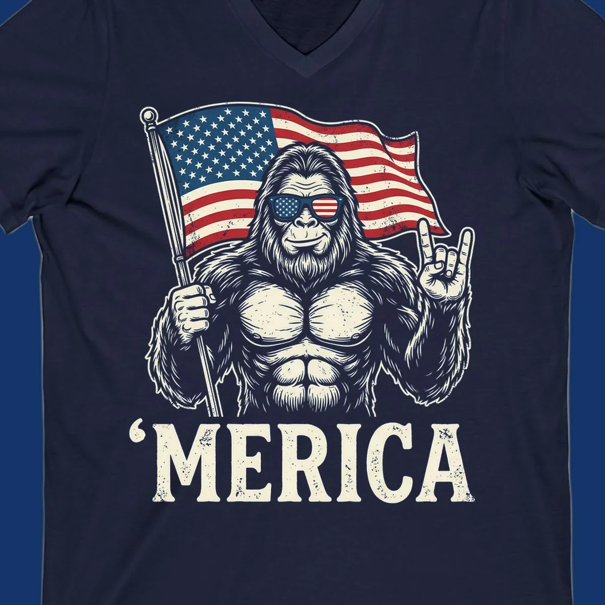A muscular Bigfoot with American flag sunglasses holds a flag and makes a rock on sign, with "'MERICA" text, for a patriotic Bigfoot 'Merica tee.