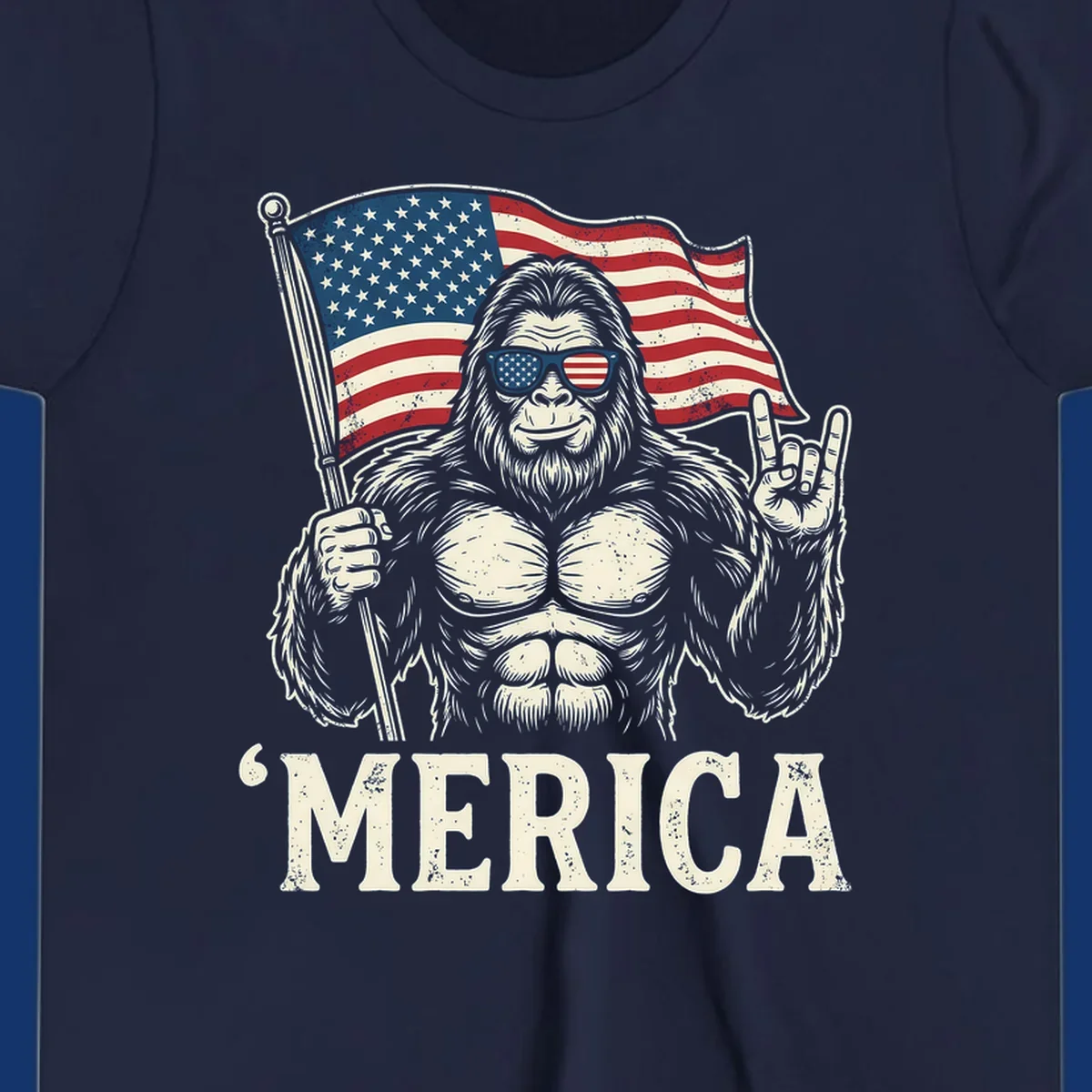 A muscular Bigfoot with American flag sunglasses holds a flag and makes a rock on sign, with "'MERICA" text, for a patriotic Bigfoot 'Merica tee.