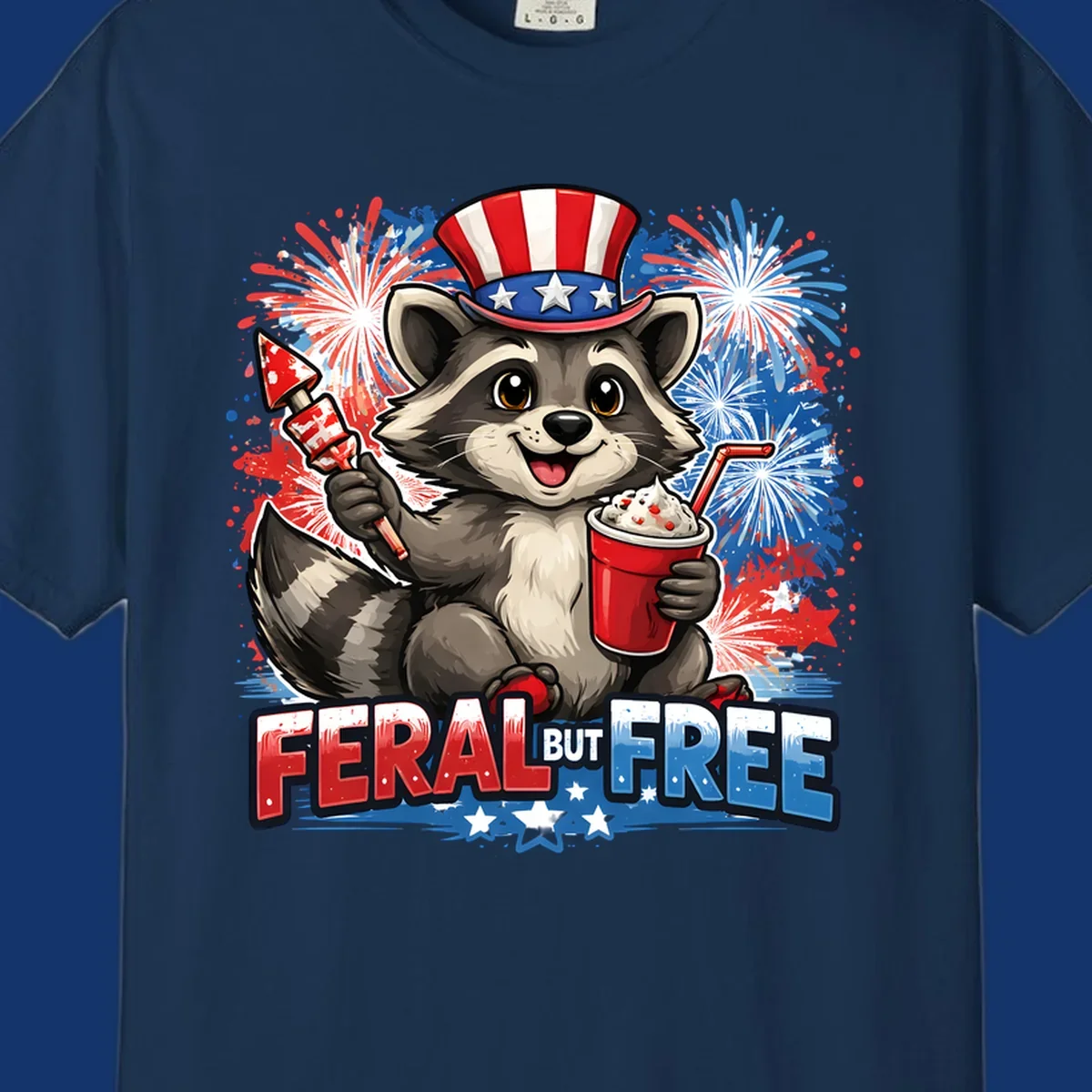 A cartoon raccoon in an Uncle Sam hat holds a firework and drink, with red, white, and blue fireworks and "FERAL BUT FREE" text.