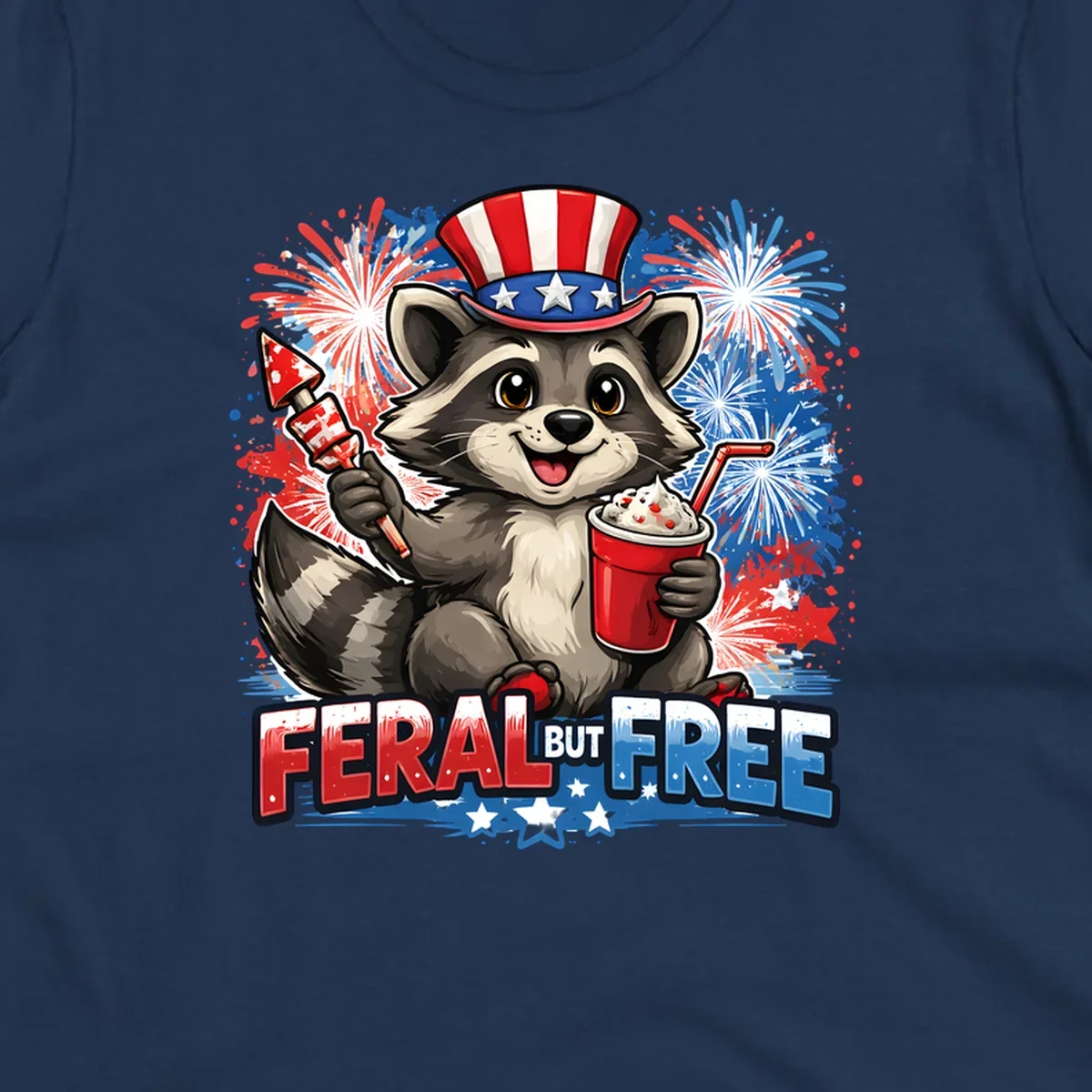 A cartoon raccoon in an Uncle Sam hat holds a firework and drink, with red, white, and blue fireworks and "FERAL BUT FREE" text.