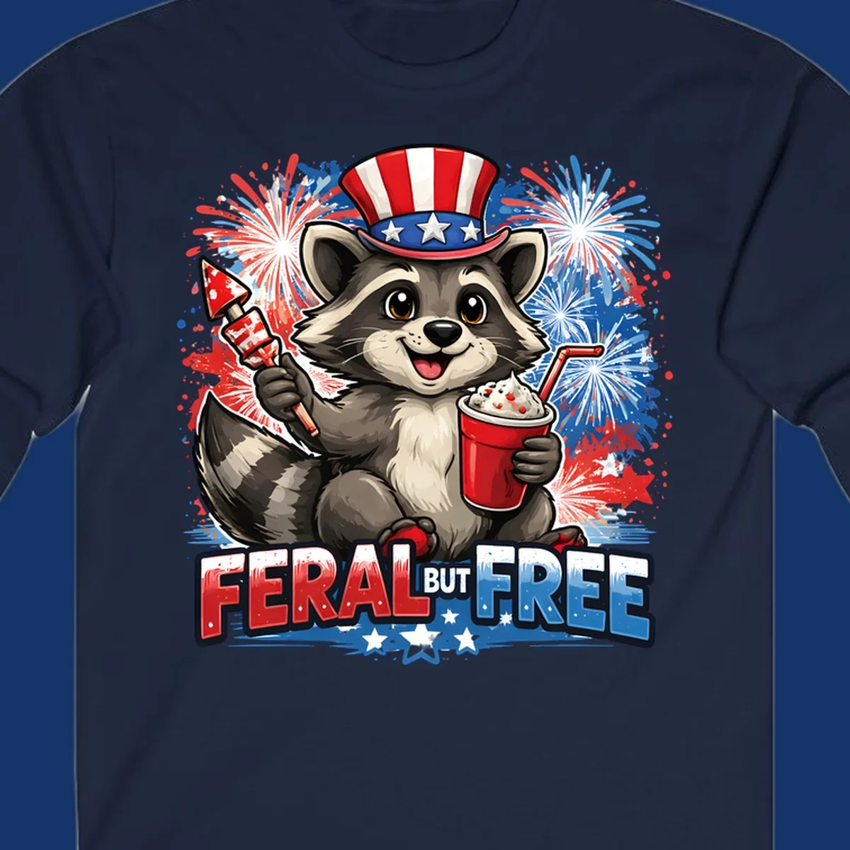 A cartoon raccoon in an Uncle Sam hat holds a firework and drink, with red, white, and blue fireworks and "FERAL BUT FREE" text.