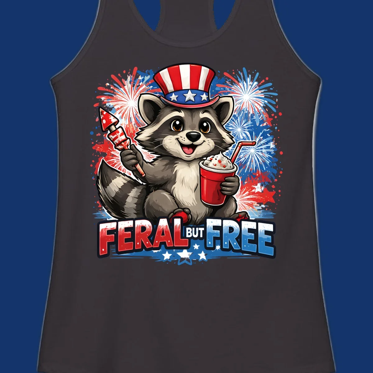 A cartoon raccoon in an Uncle Sam hat holds a firework and drink, with red, white, and blue fireworks and "FERAL BUT FREE" text.
