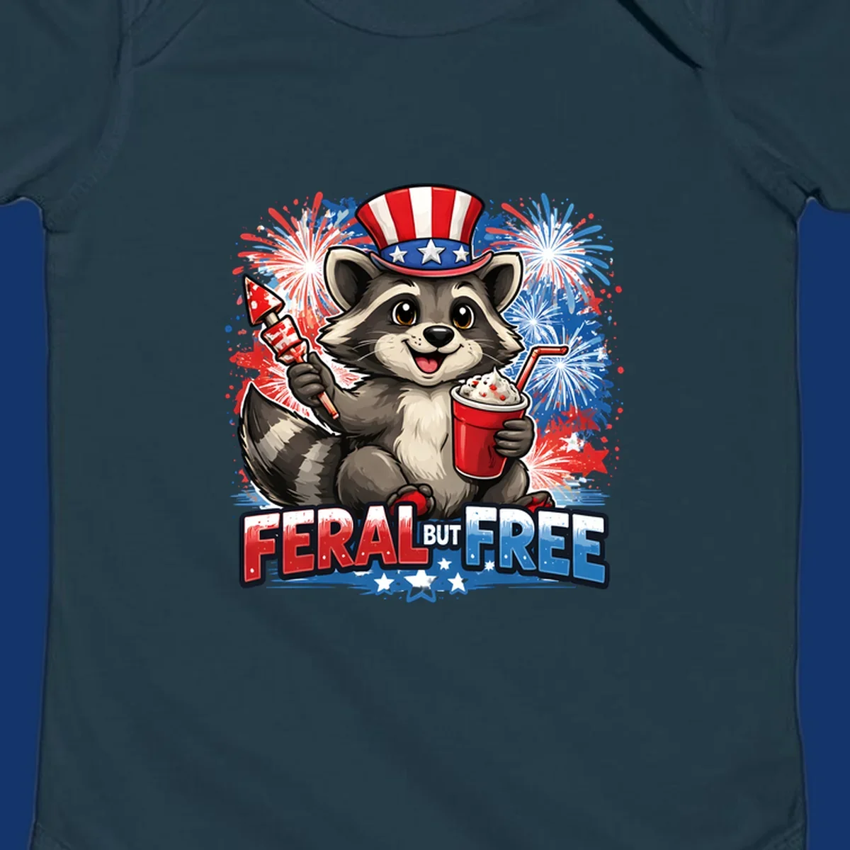 A cartoon raccoon in an Uncle Sam hat holds a firework and drink, with red, white, and blue fireworks and "FERAL BUT FREE" text.