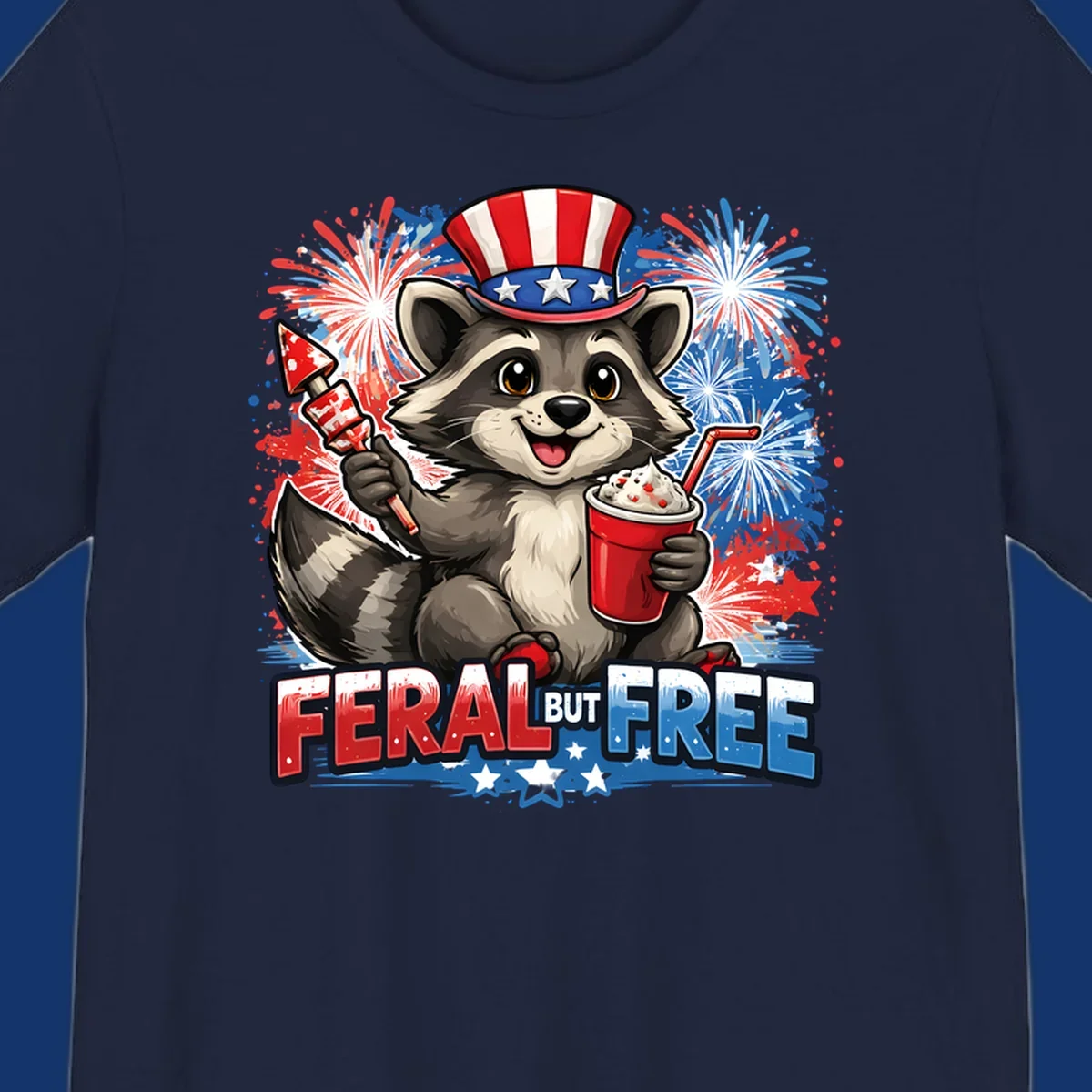 A cartoon raccoon in an Uncle Sam hat holds a firework and drink, with red, white, and blue fireworks and "FERAL BUT FREE" text.