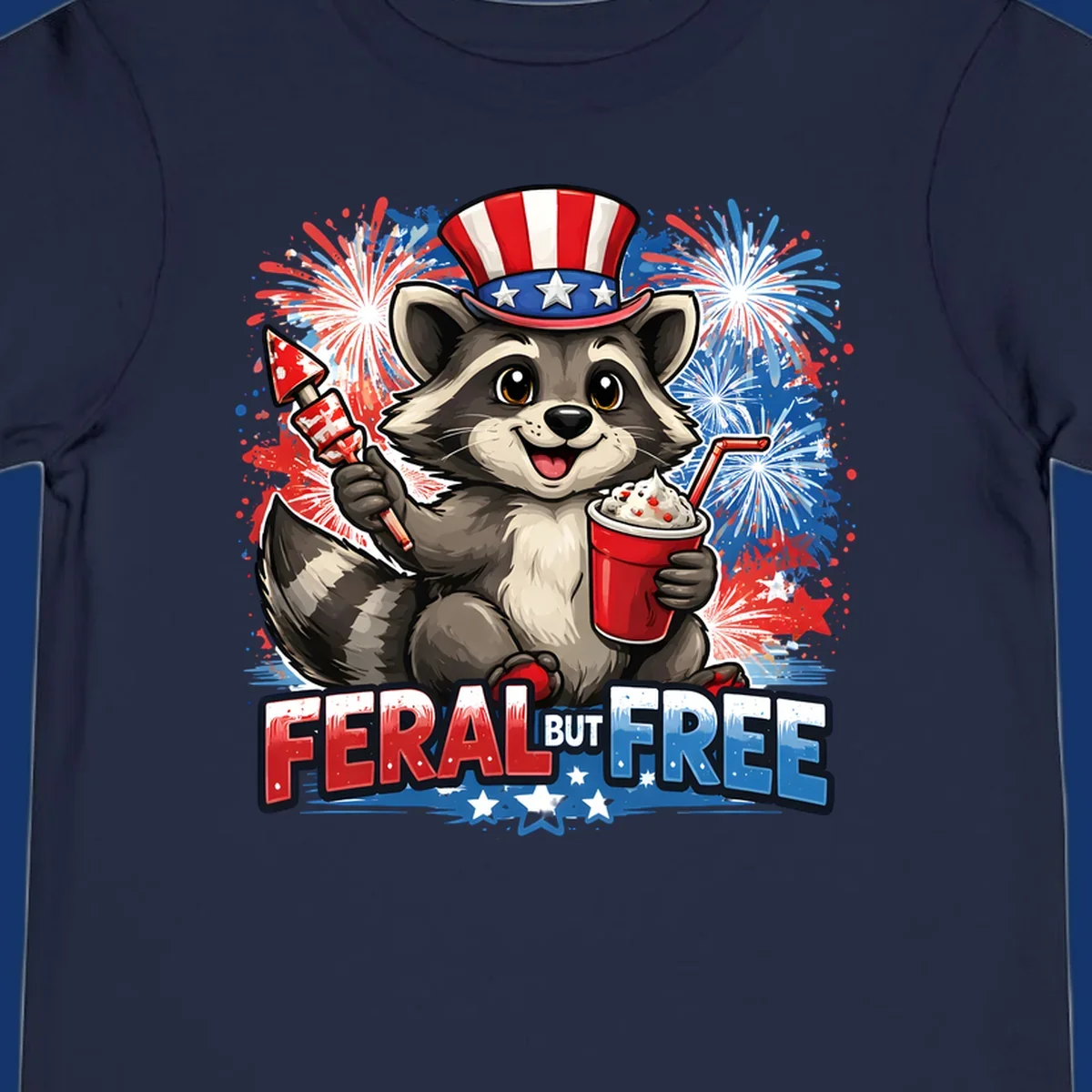 A cartoon raccoon in an Uncle Sam hat holds a firework and drink, with red, white, and blue fireworks and "FERAL BUT FREE" text.