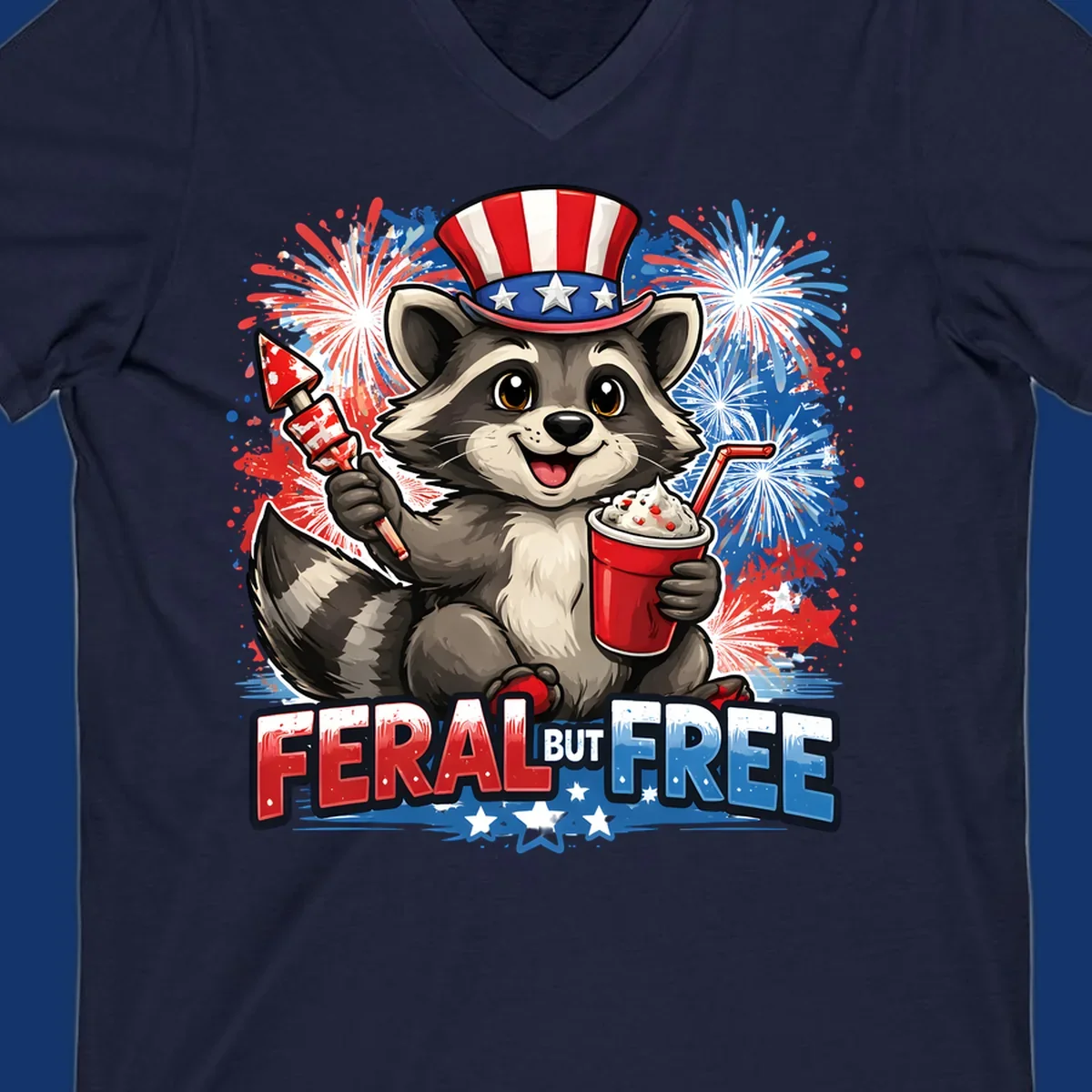 A cartoon raccoon in an Uncle Sam hat holds a firework and drink, with red, white, and blue fireworks and "FERAL BUT FREE" text.