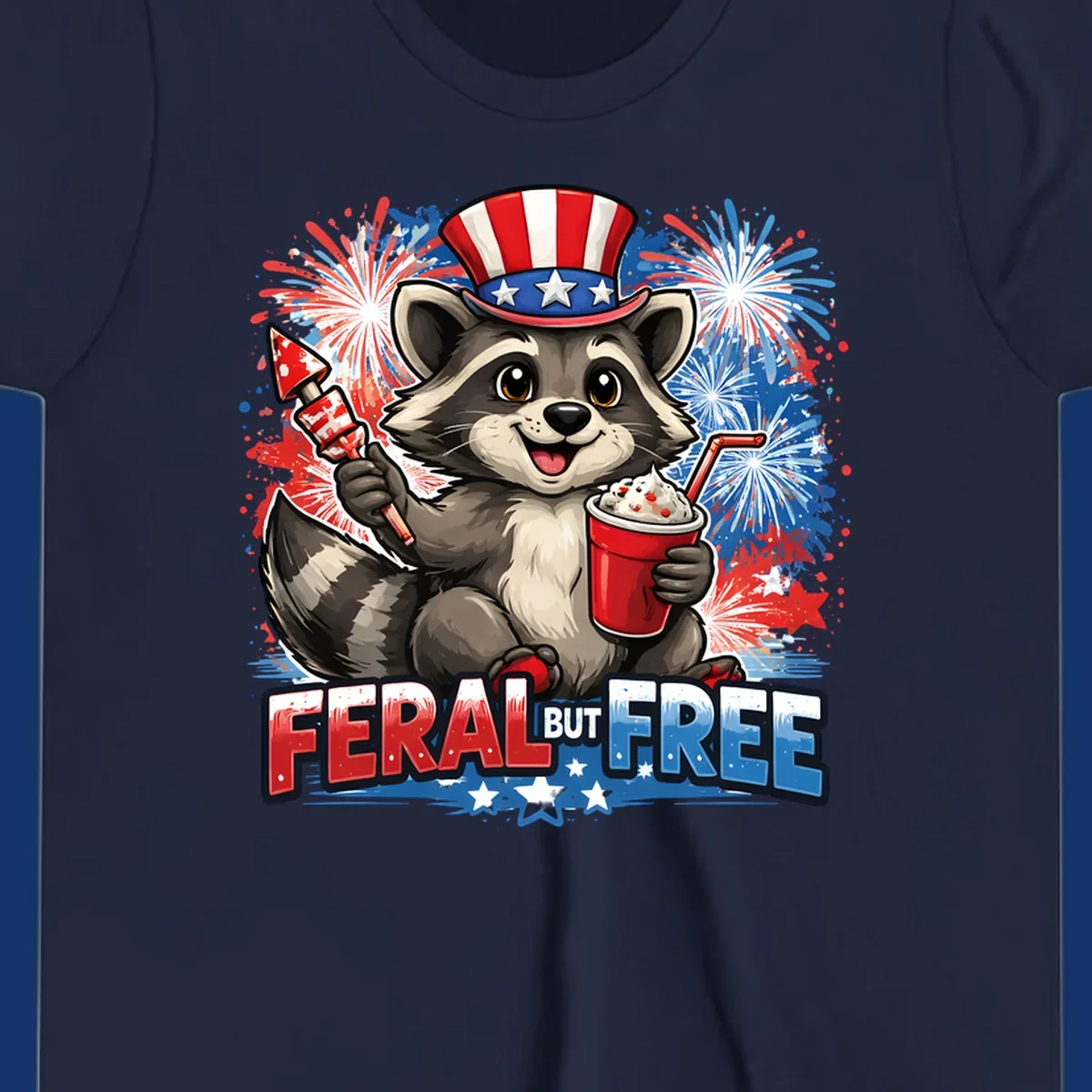 A cartoon raccoon in an Uncle Sam hat holds a firework and drink, with red, white, and blue fireworks and "FERAL BUT FREE" text.