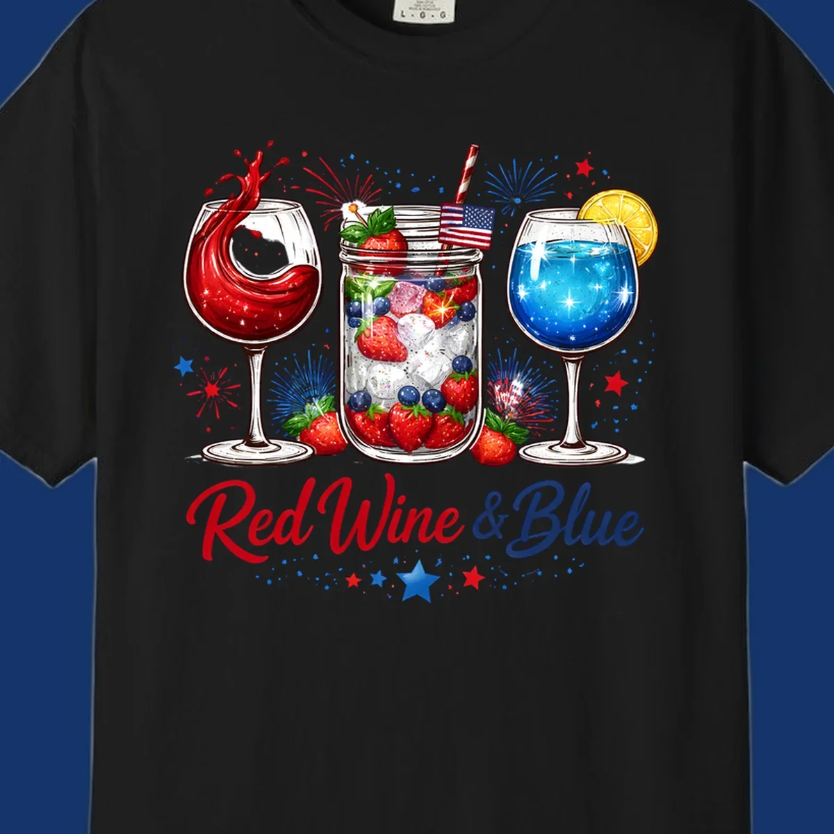A patriotic design with a glass of red wine, a mason jar with strawberries and blueberries, and a blue drink. Fireworks and stars accent the red-wine-blue-drinks theme.