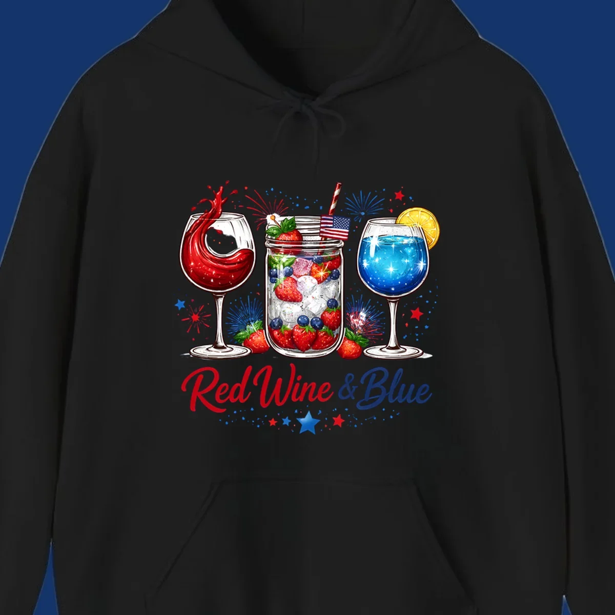 A patriotic design with a glass of red wine, a mason jar with strawberries and blueberries, and a blue drink. Fireworks and stars accent the red-wine-blue-drinks theme.