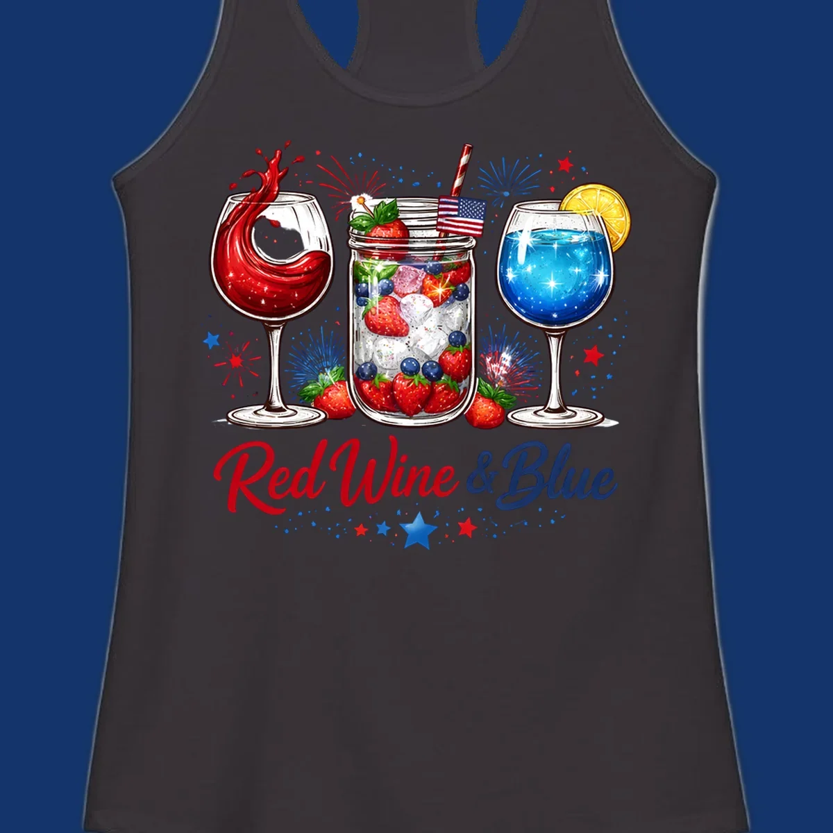 A patriotic design with a glass of red wine, a mason jar with strawberries and blueberries, and a blue drink. Fireworks and stars accent the red-wine-blue-drinks theme.