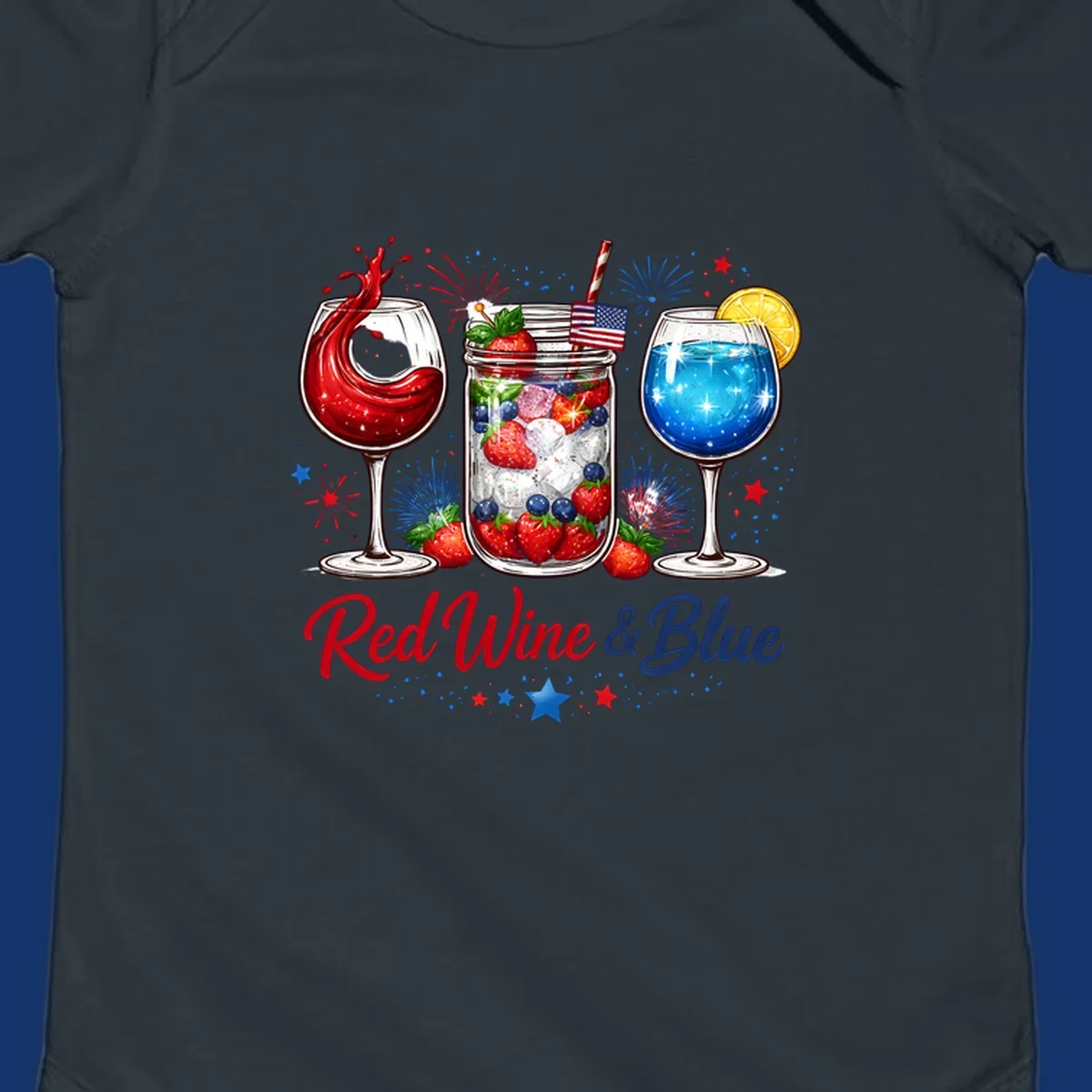 A patriotic design with a glass of red wine, a mason jar with strawberries and blueberries, and a blue drink. Fireworks and stars accent the red-wine-blue-drinks theme.