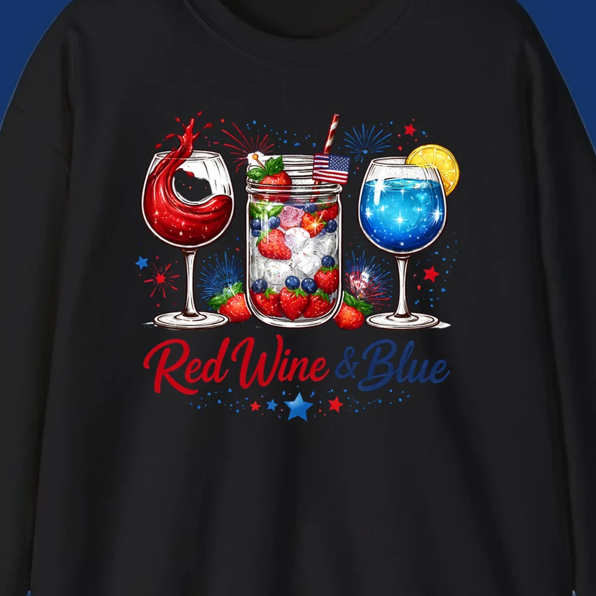 A patriotic design with a glass of red wine, a mason jar with strawberries and blueberries, and a blue drink. Fireworks and stars accent the red-wine-blue-drinks theme.