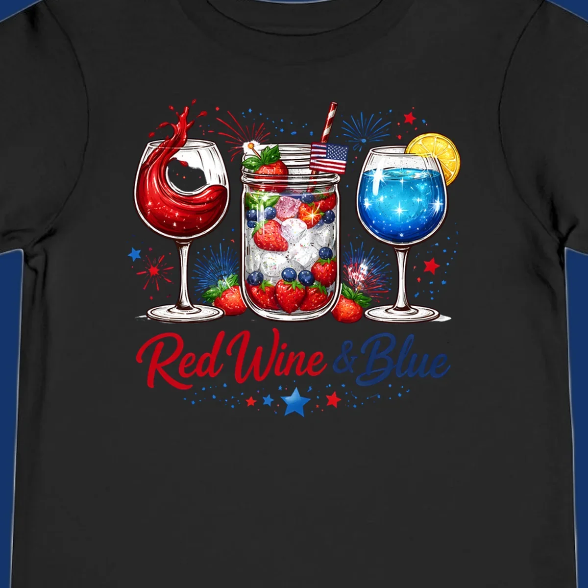A patriotic design with a glass of red wine, a mason jar with strawberries and blueberries, and a blue drink. Fireworks and stars accent the red-wine-blue-drinks theme.